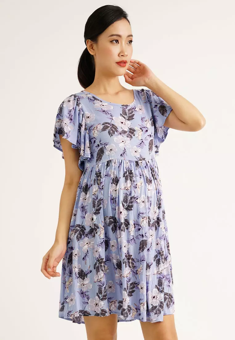 9months Maternity Light Blue Maternity Flutter Sleeves Dress