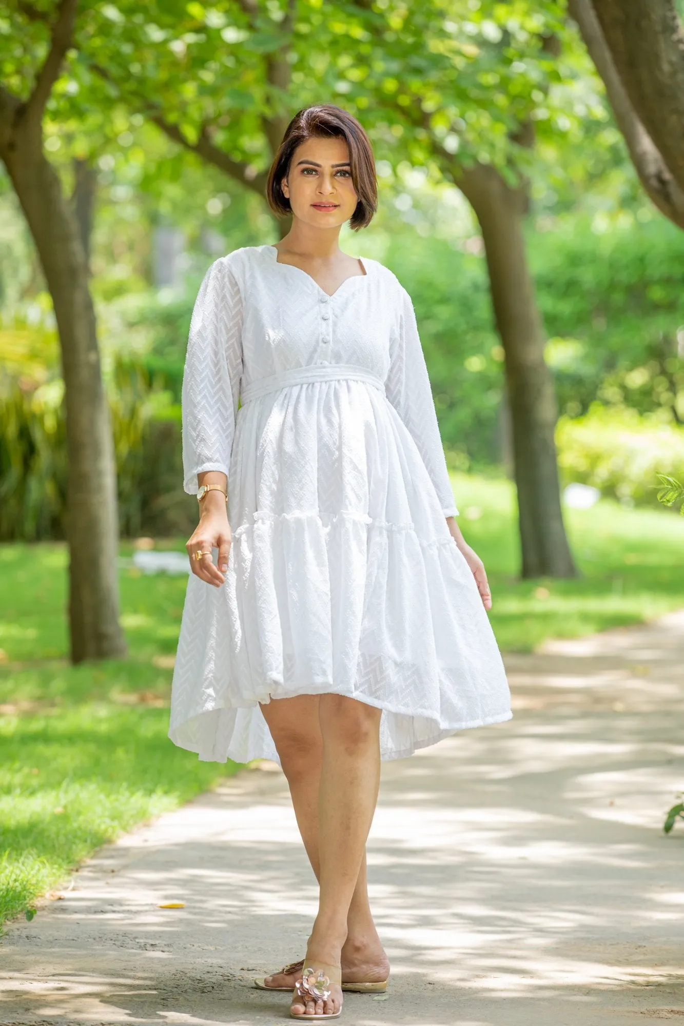 Angelic White Sweetheart Maternity & Nursing Flair Dress