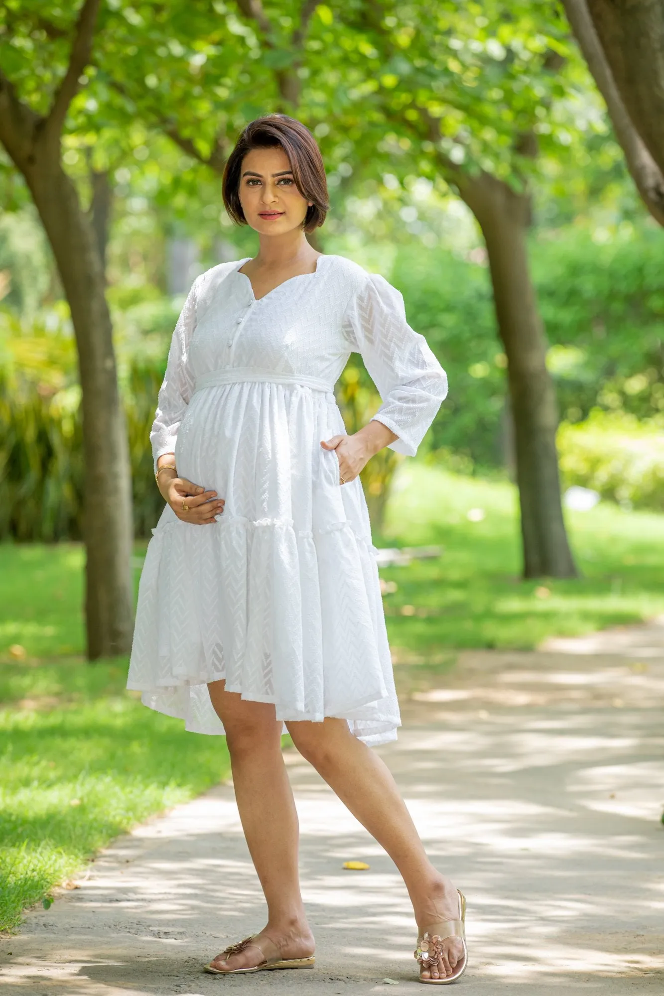 Angelic White Sweetheart Maternity & Nursing Flair Dress