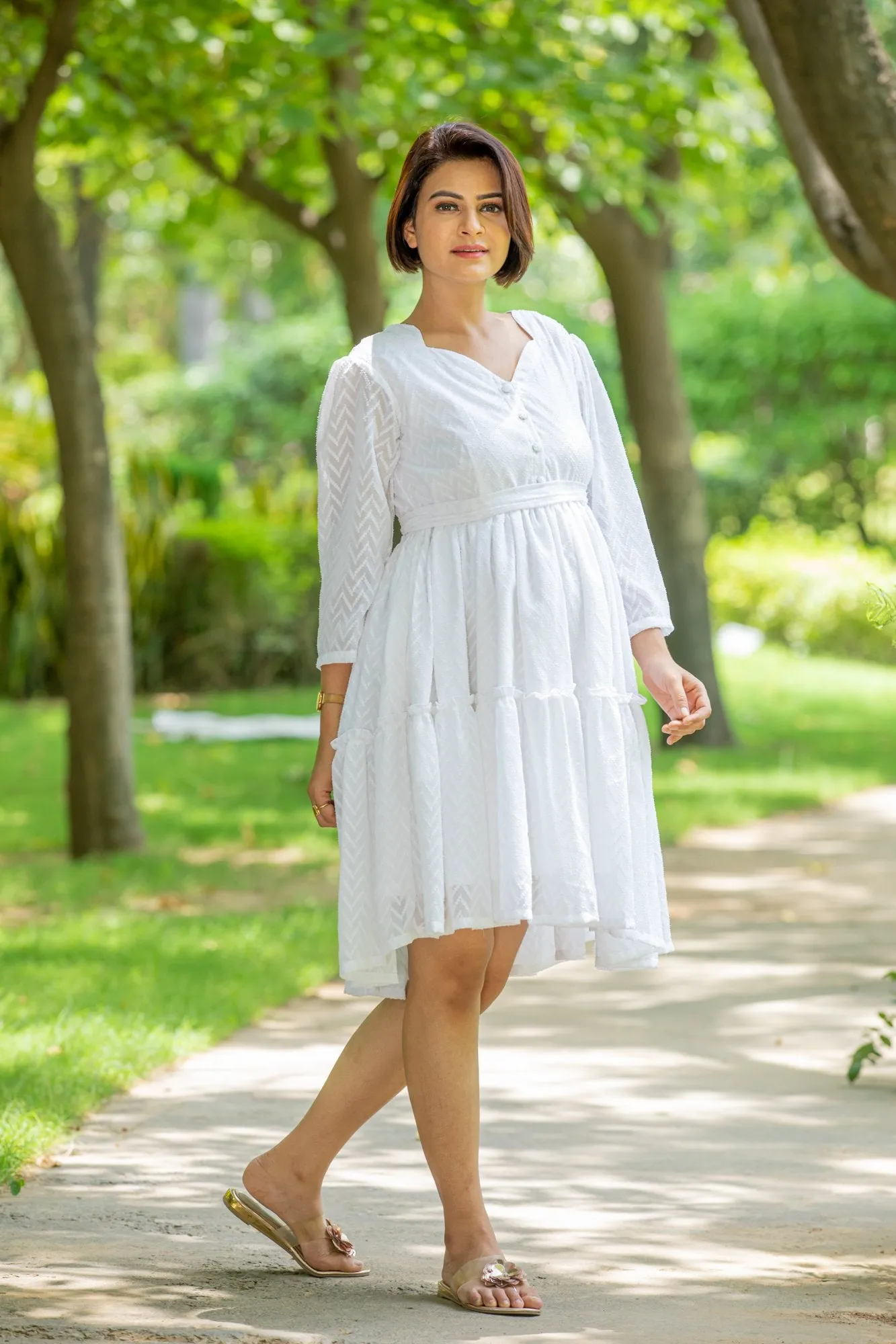 Angelic White Sweetheart Maternity & Nursing Flair Dress