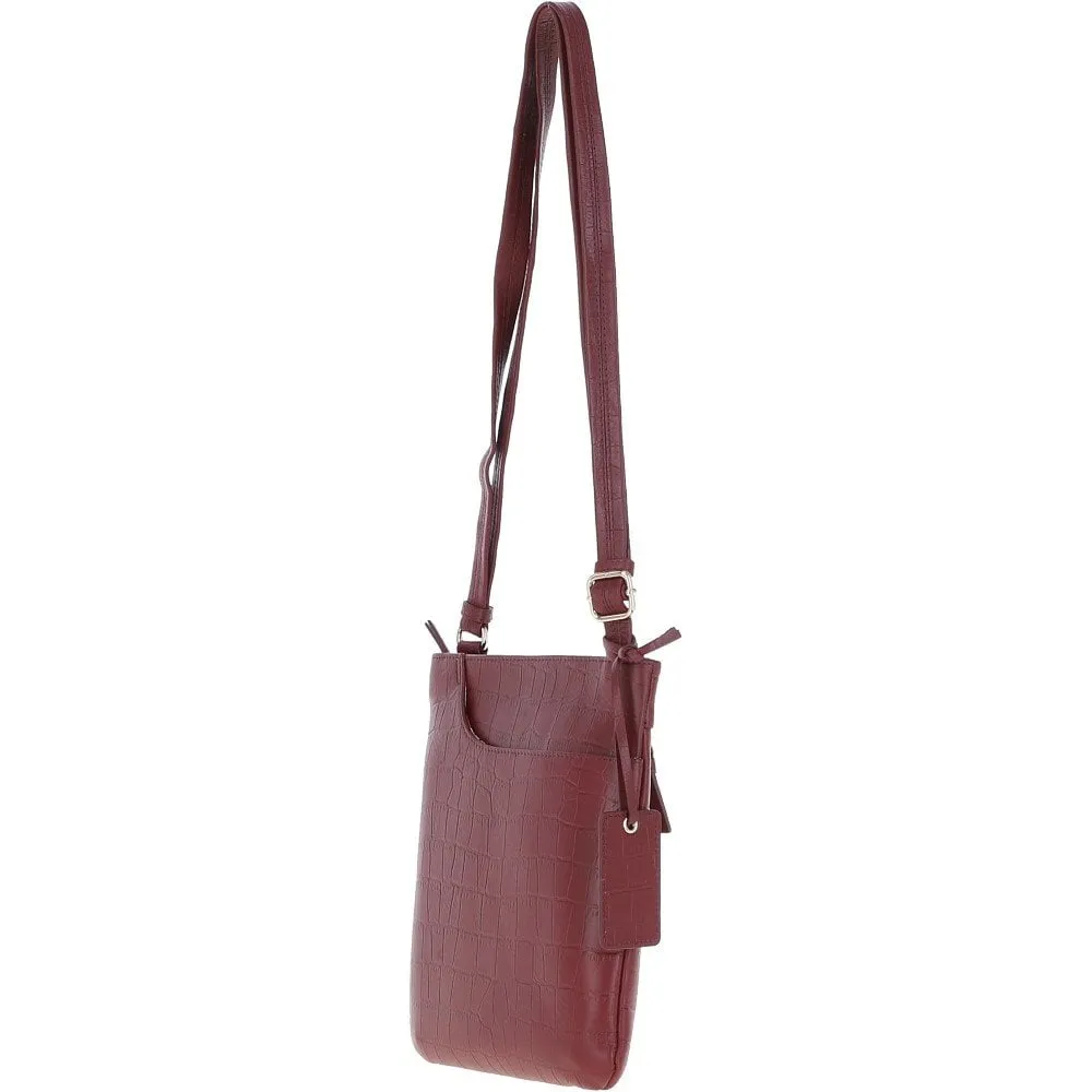 Ashwood Curve  Zip Top Leather Cross Body Bag Burgundy/Croc: CURVE