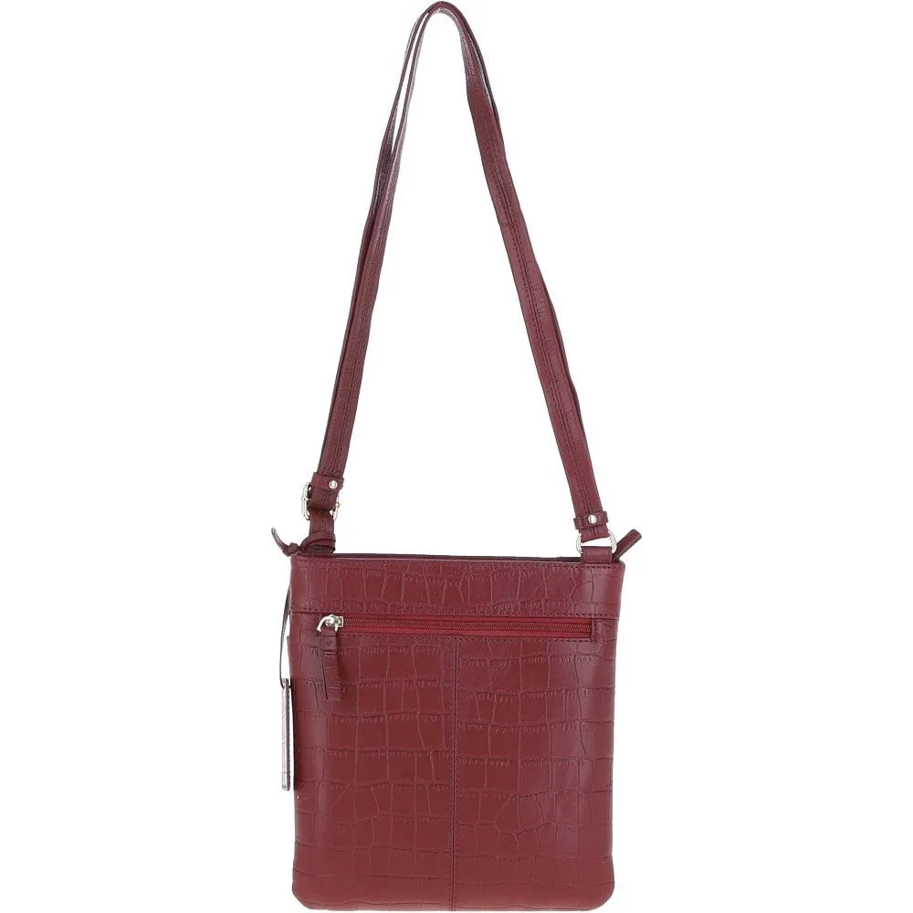 Ashwood Curve  Zip Top Leather Cross Body Bag Burgundy/Croc: CURVE