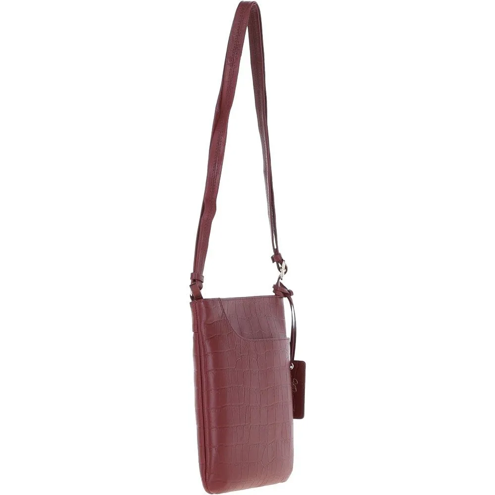 Ashwood Curve  Zip Top Leather Cross Body Bag Burgundy/Croc: CURVE