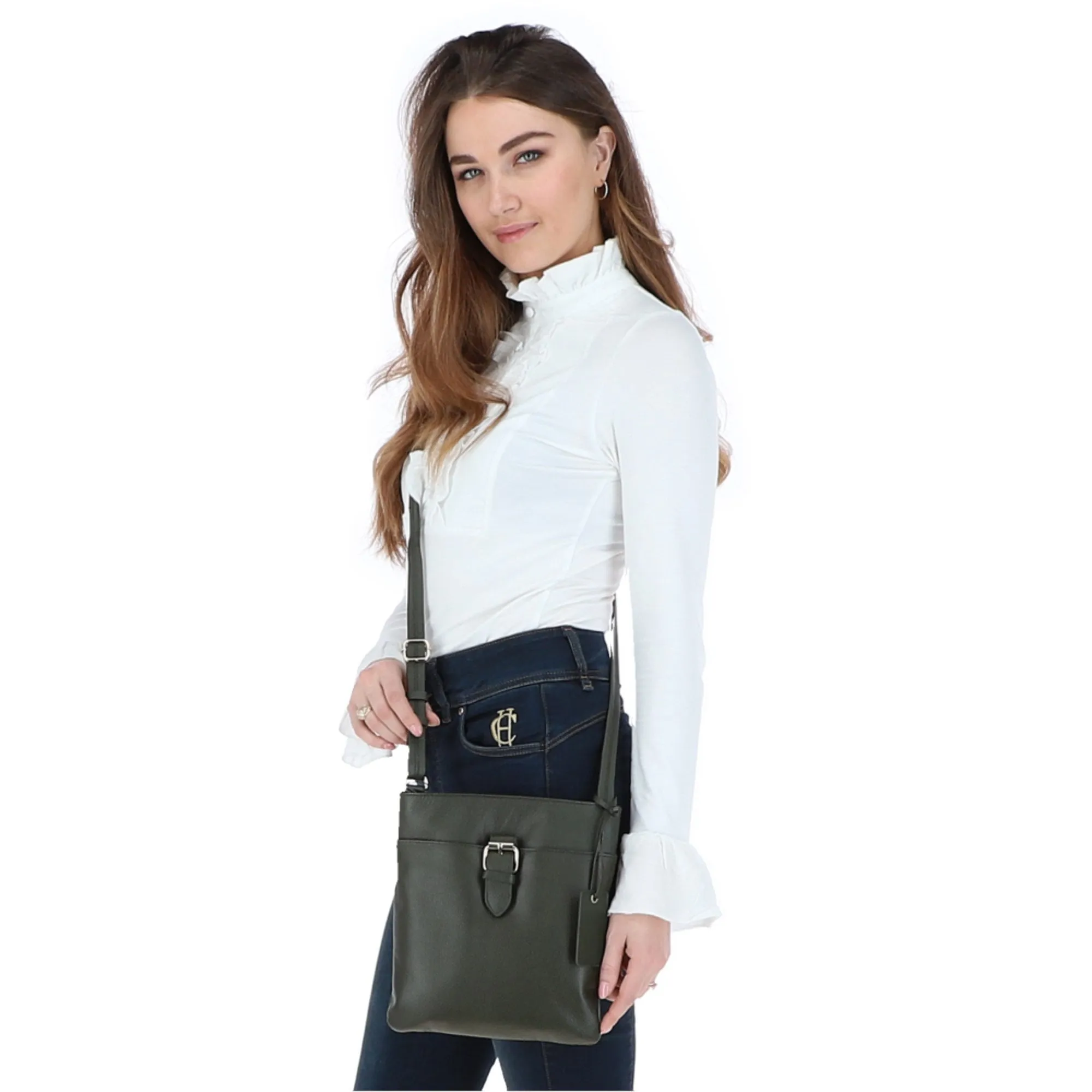 Ashwood Zip Top Leather Cross Body Bag Green: SB Buckle