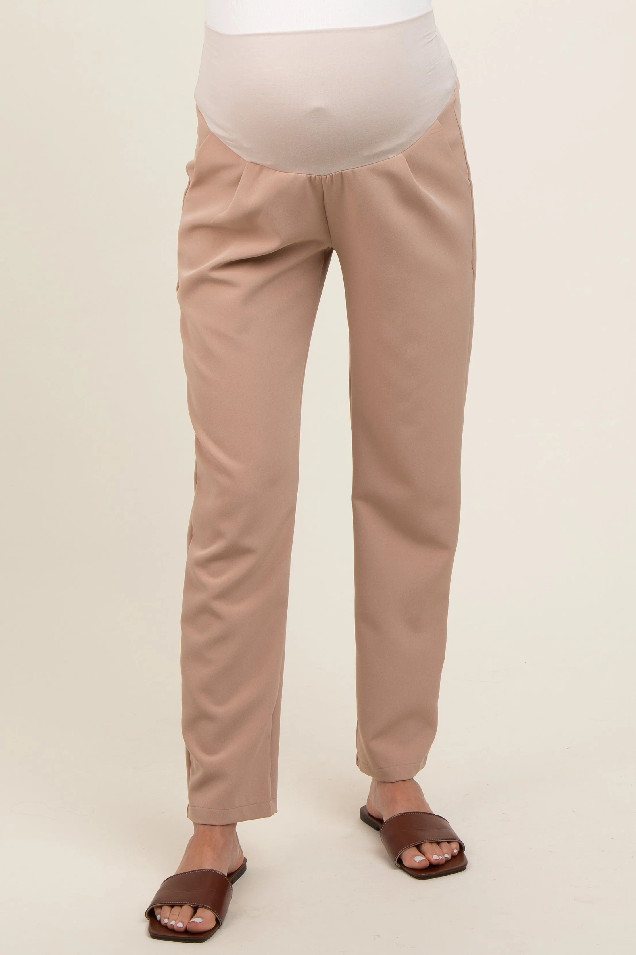 Beige Pleated Relax Fit Maternity Pants