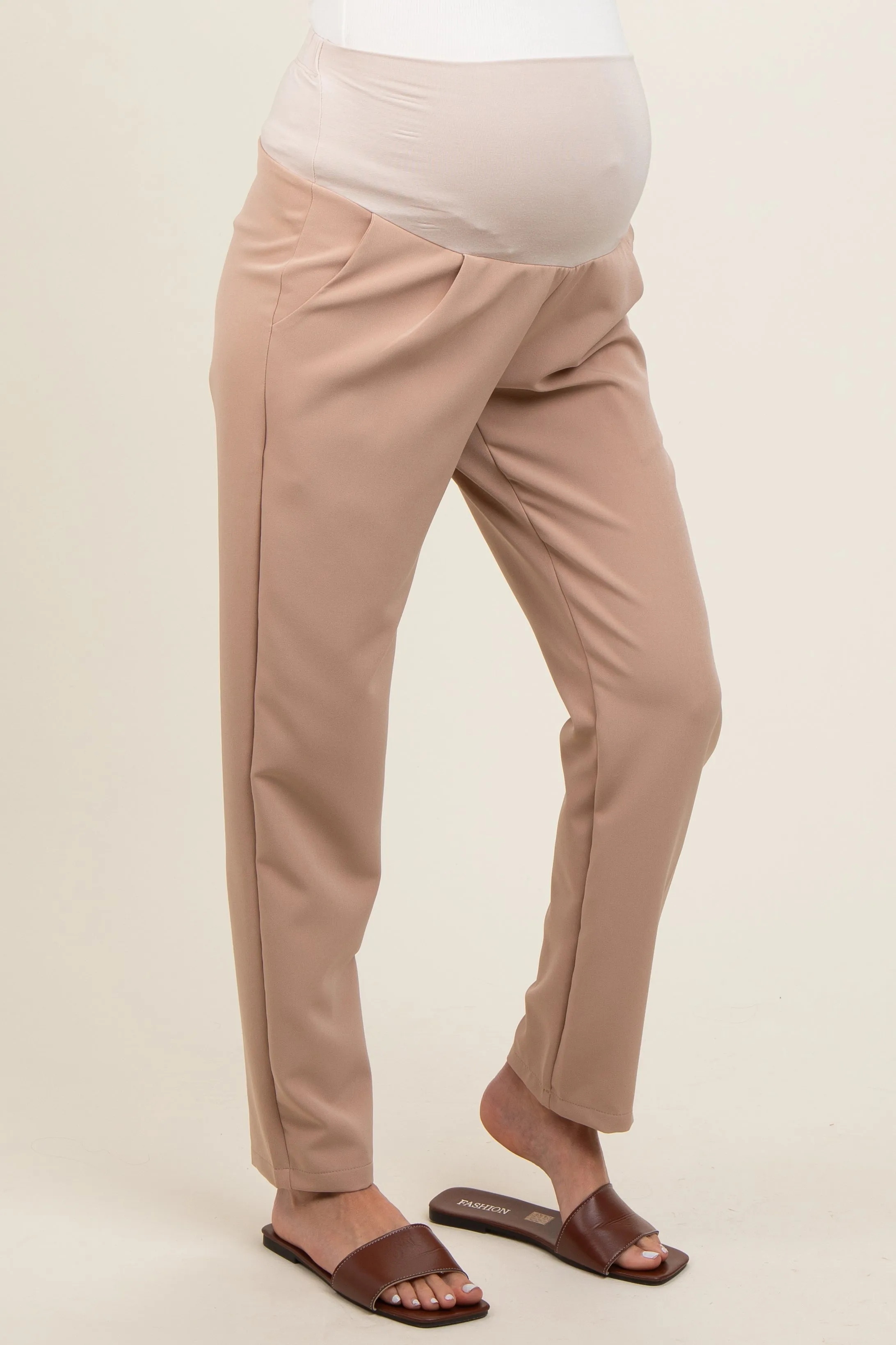 Beige Pleated Relax Fit Maternity Pants