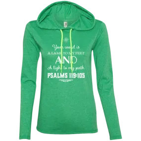 Bible Verse Ladies' Long Sleeve T-Shirt Hoodie - Your Word Is Light To My Path ~Psalm 119:105~ Design 5 (White Font)