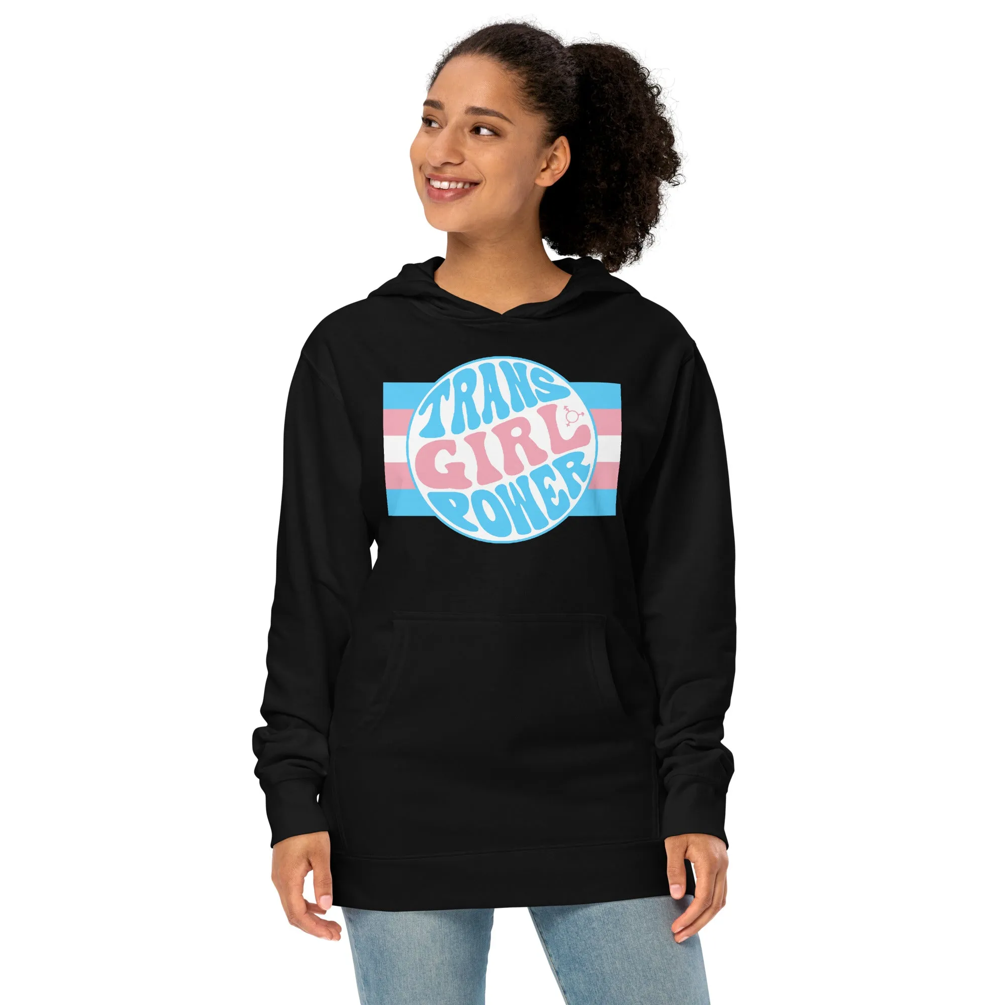 Blue Pink White Teen 'TRANS GIRL POWER' Pride Black Jersey Lined Hoodie