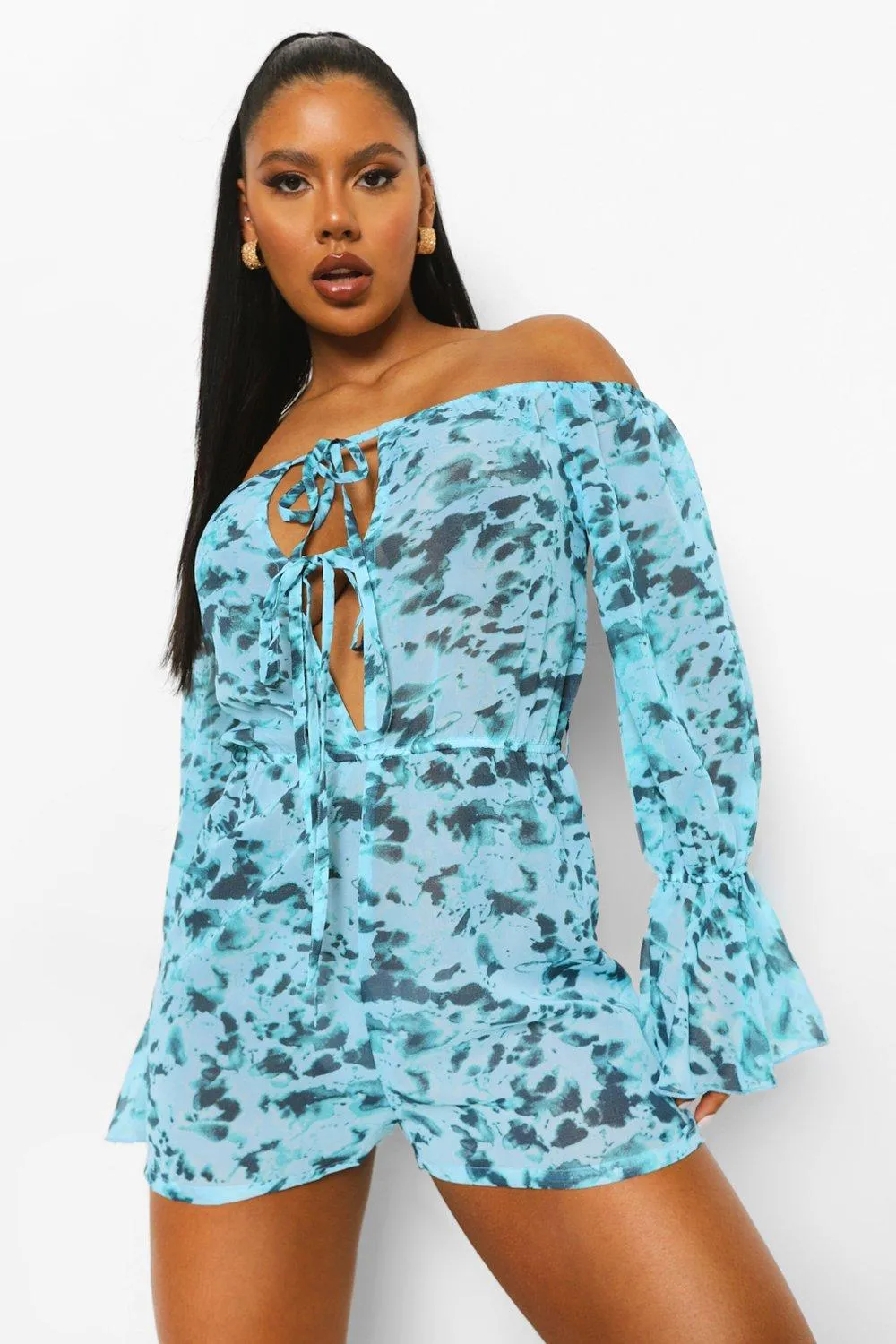 Blur Print Off The Shoulder Beach Romper