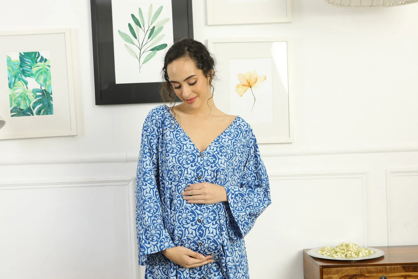 Breezy Intricate Blue Floral Maternity Knee Dress