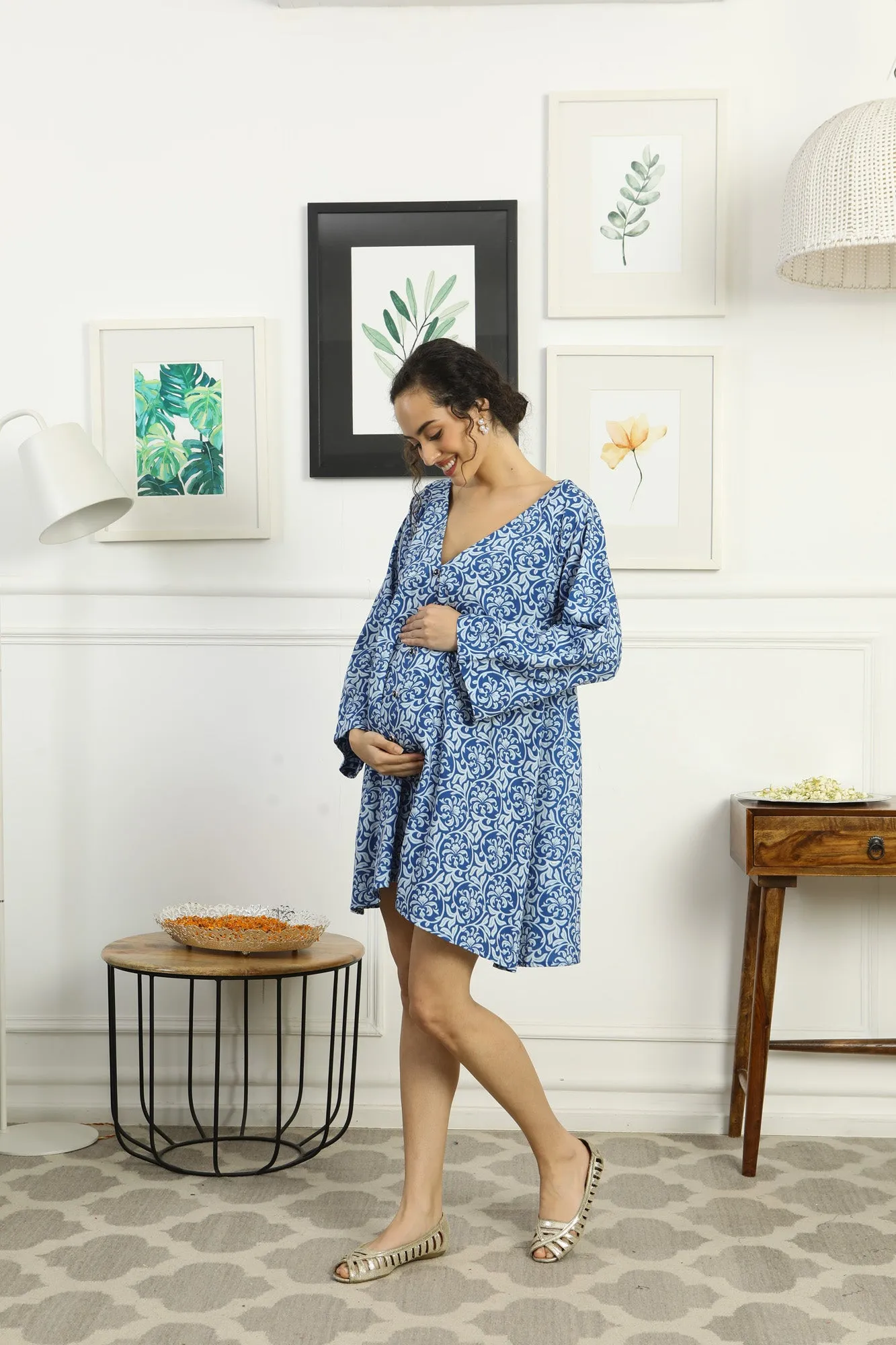 Breezy Intricate Blue Floral Maternity Knee Dress