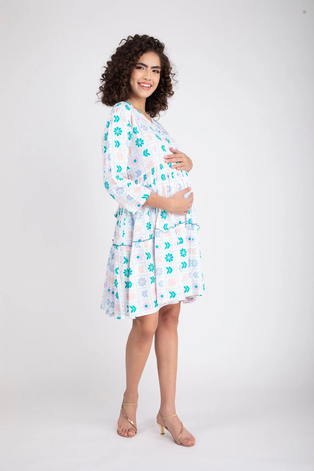 Calming White Maternity & Nursing Gathered Dress