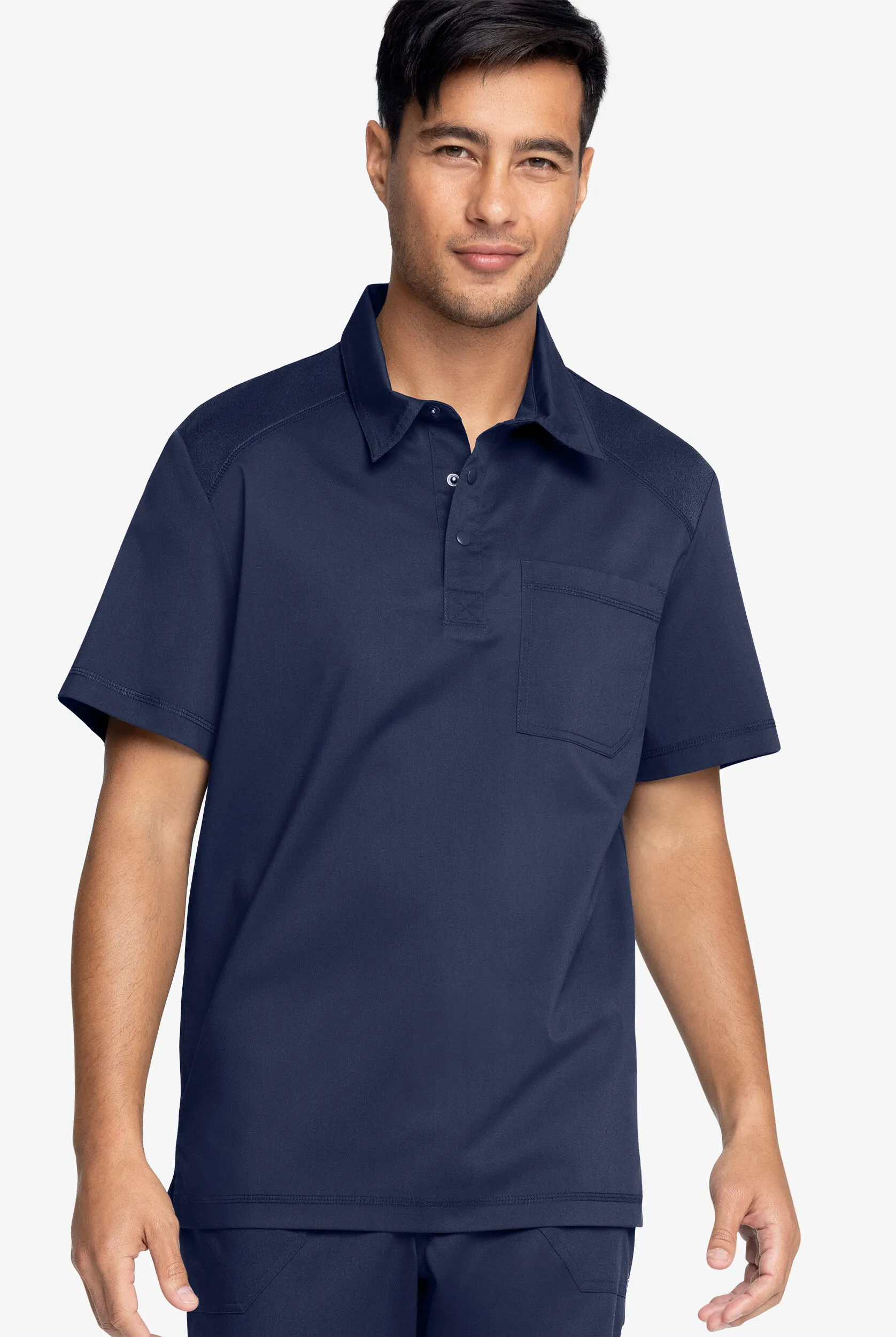 Cherokee Workwear Revolution Men's 1-Pocket STRETCH Snap Placket Polo Scrub Top