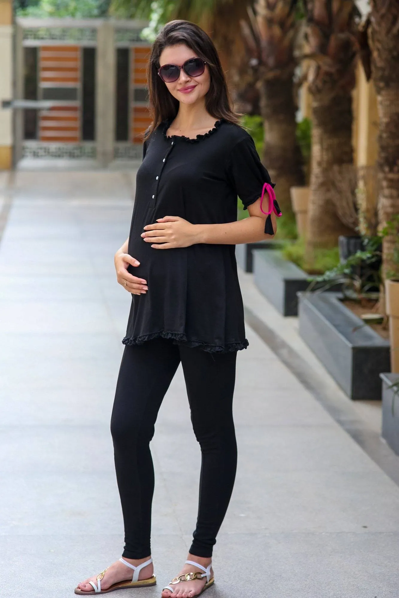 Chic Black Maternity & Nursing Frill Top