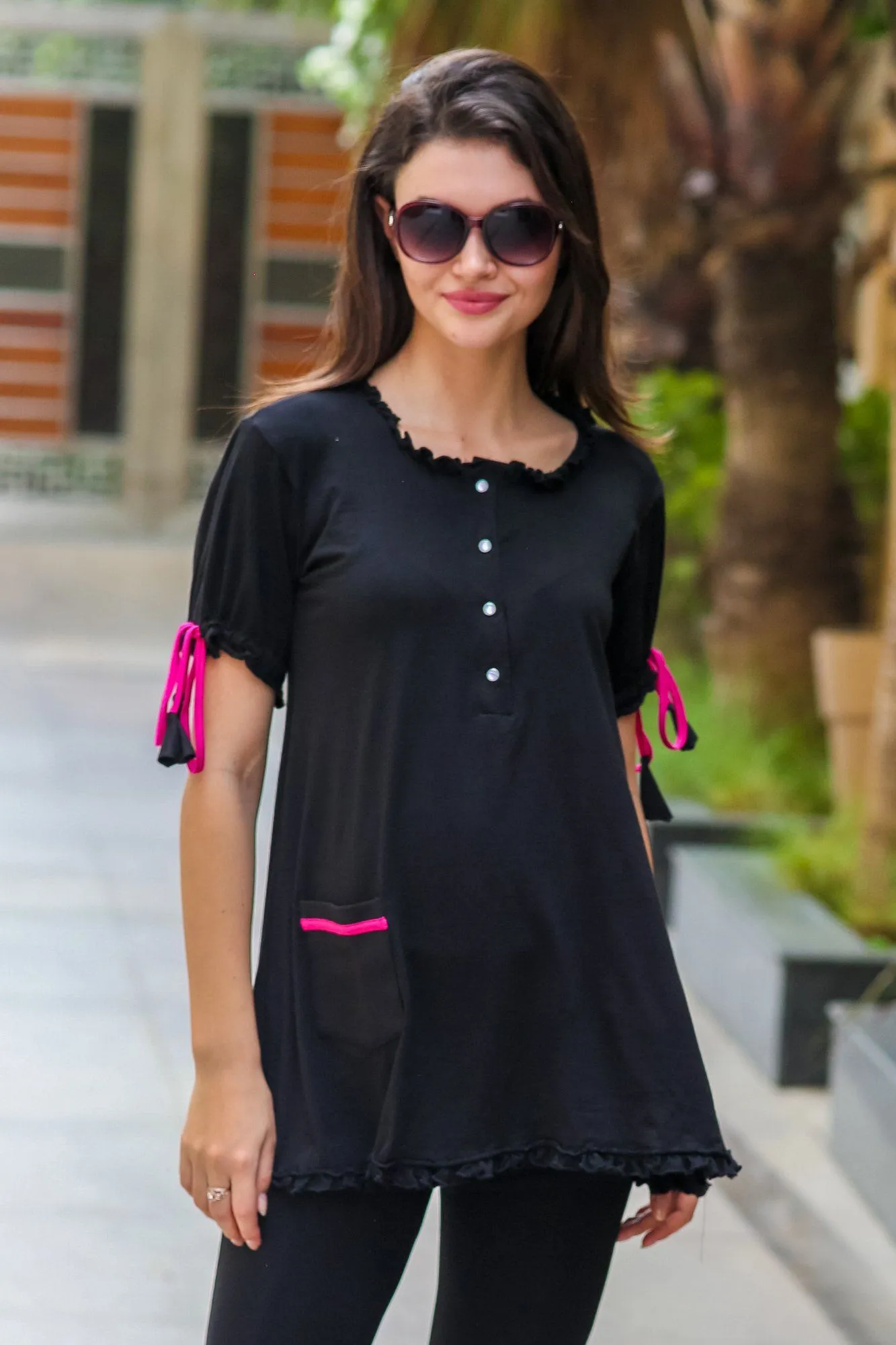 Chic Black Maternity & Nursing Frill Top