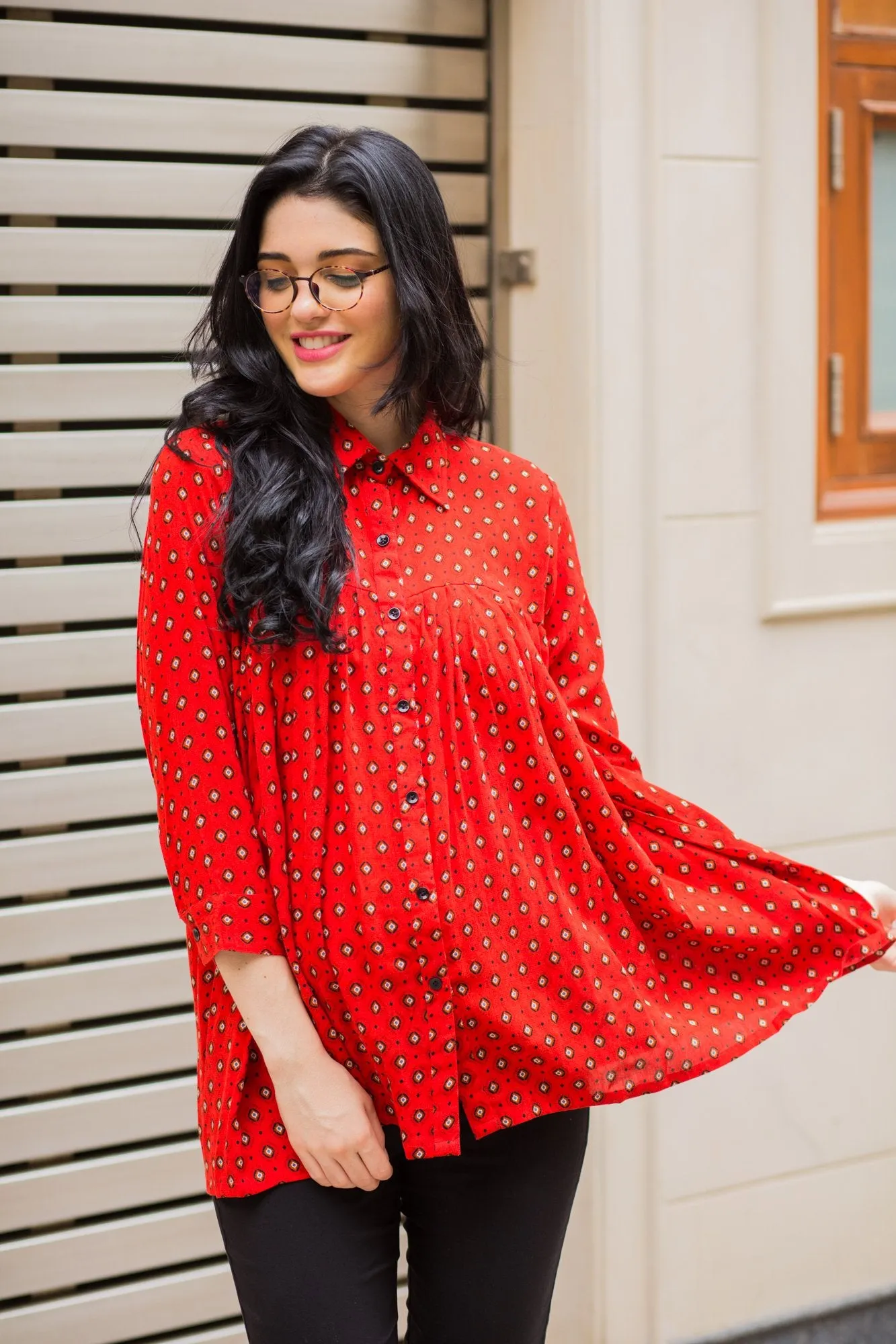 Classic Red Gathered Maternity & Nursing Top