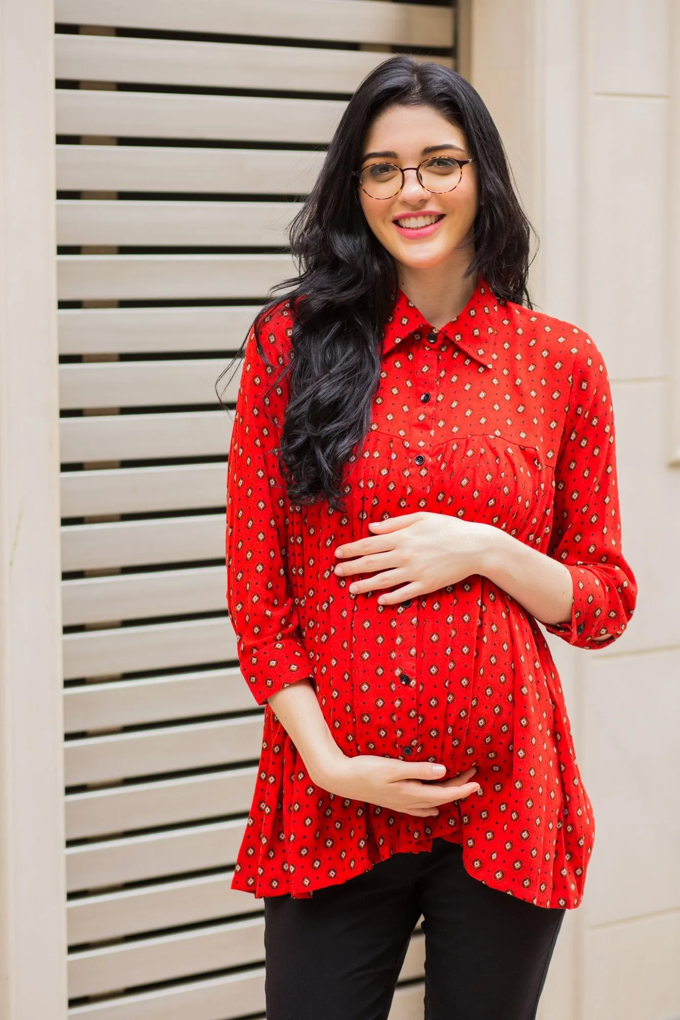 Classic Red Gathered Maternity & Nursing Top