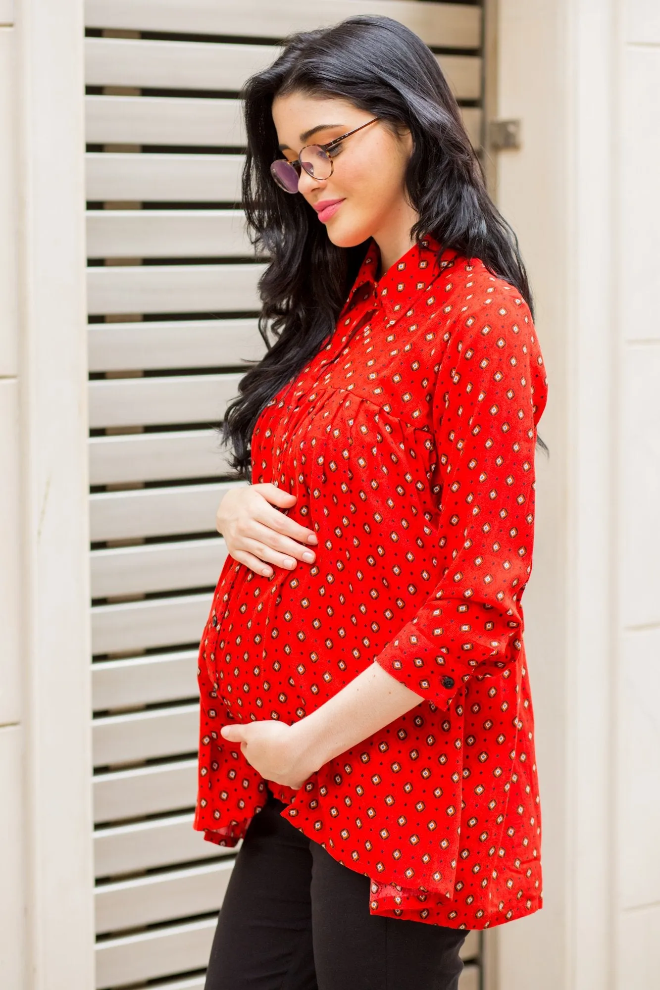 Classic Red Gathered Maternity & Nursing Top