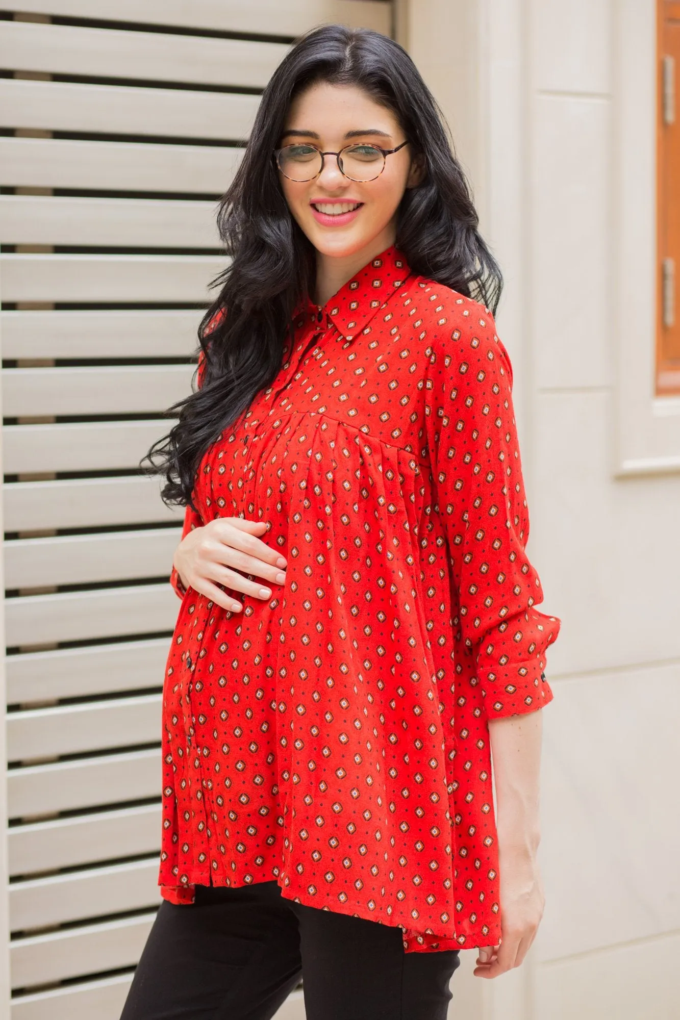 Classic Red Gathered Maternity & Nursing Top