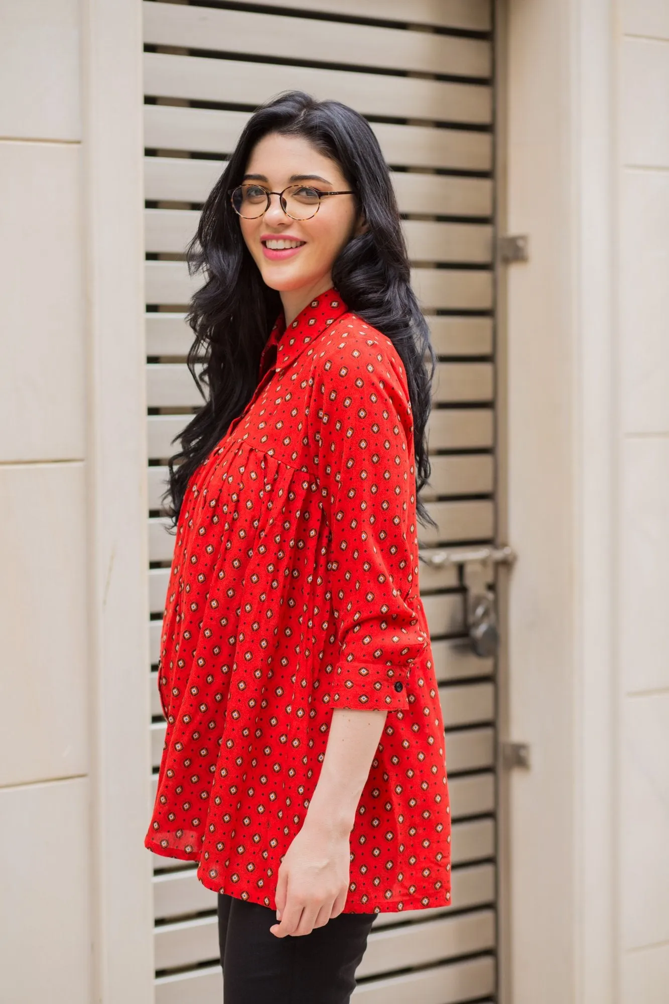 Classic Red Gathered Maternity & Nursing Top