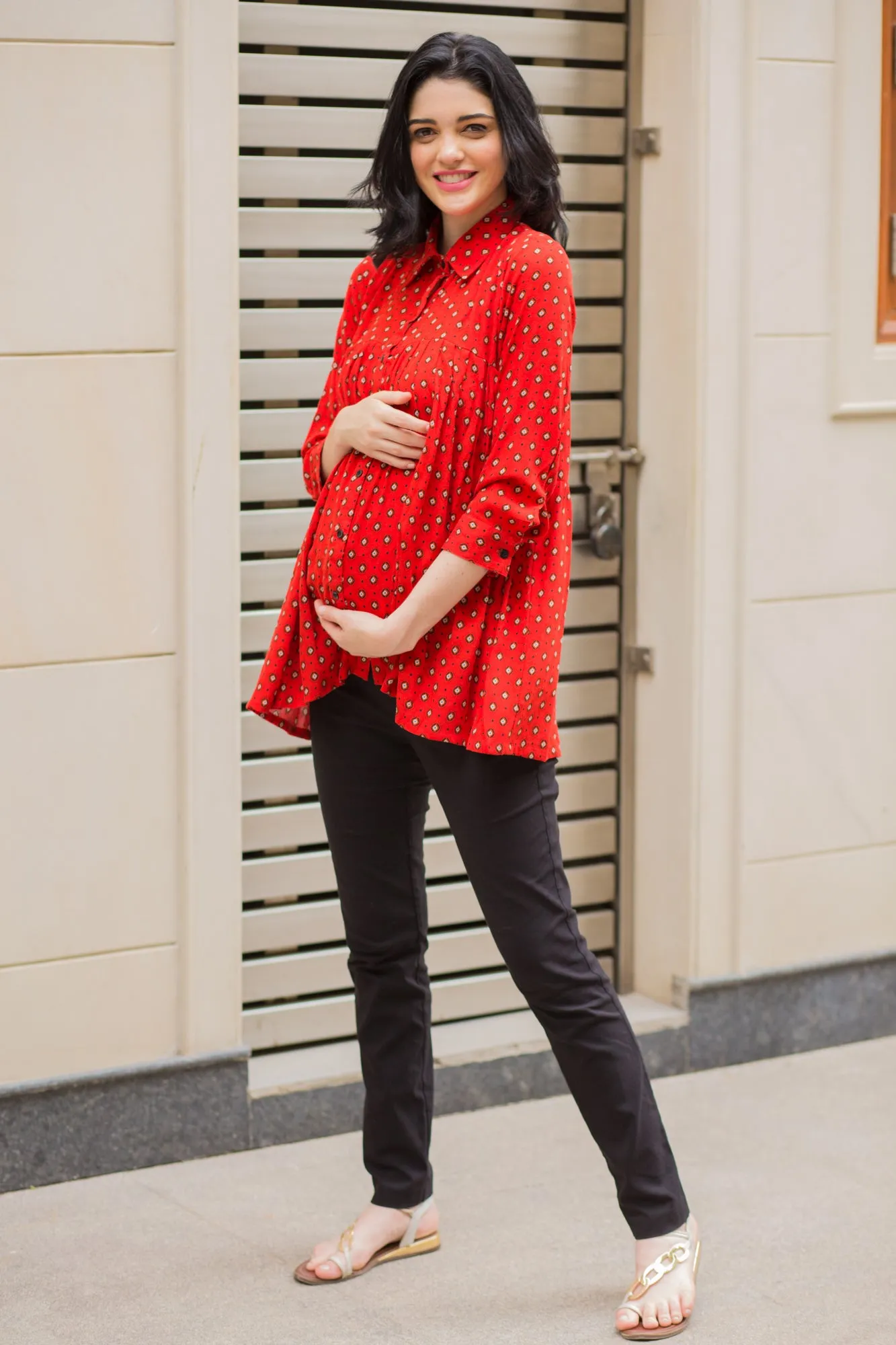 Classic Red Gathered Maternity & Nursing Top