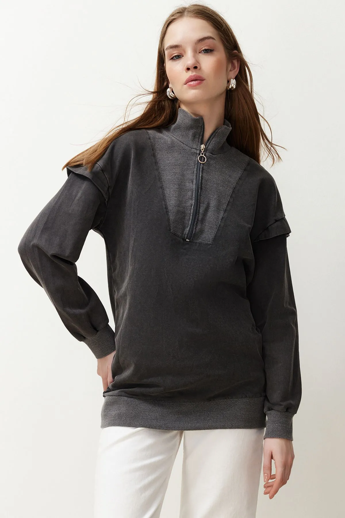 Collar Zipper Detailed Knitted Sweatshirt Tunic