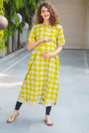 Cotton Lime Patterned Longline Maternity & Nursing Kurta