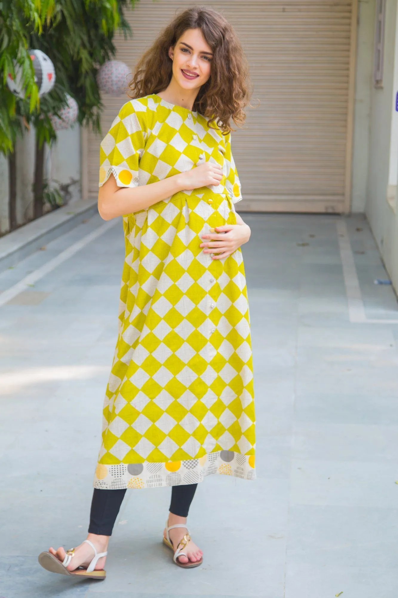 Cotton Lime Patterned Longline Maternity & Nursing Kurta