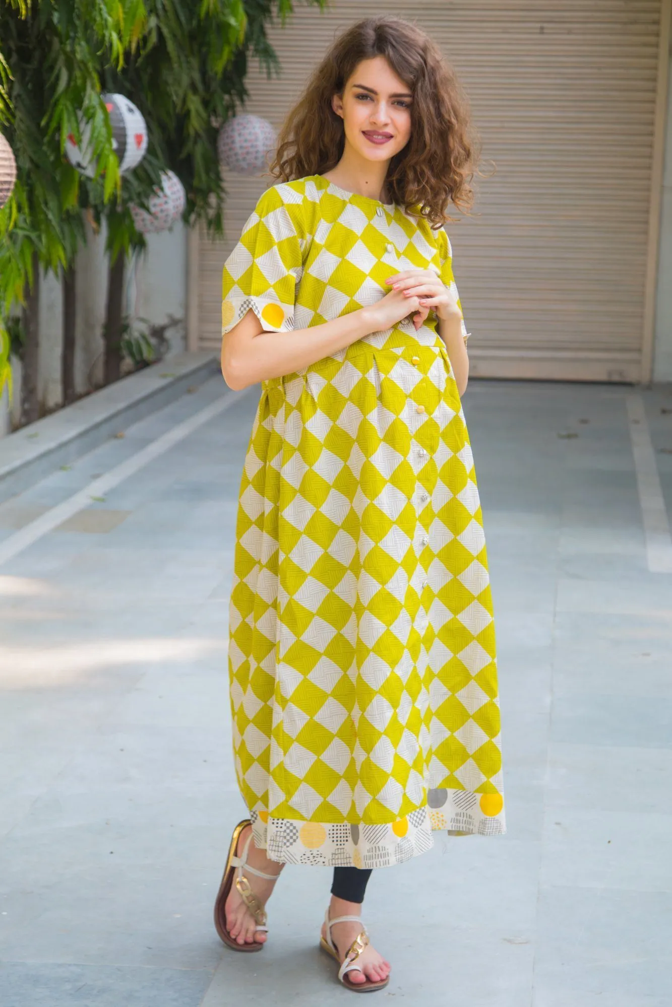 Cotton Lime Patterned Longline Maternity & Nursing Kurta