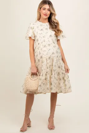 Cream Floral Print Eyelet Lace Maternity Dress