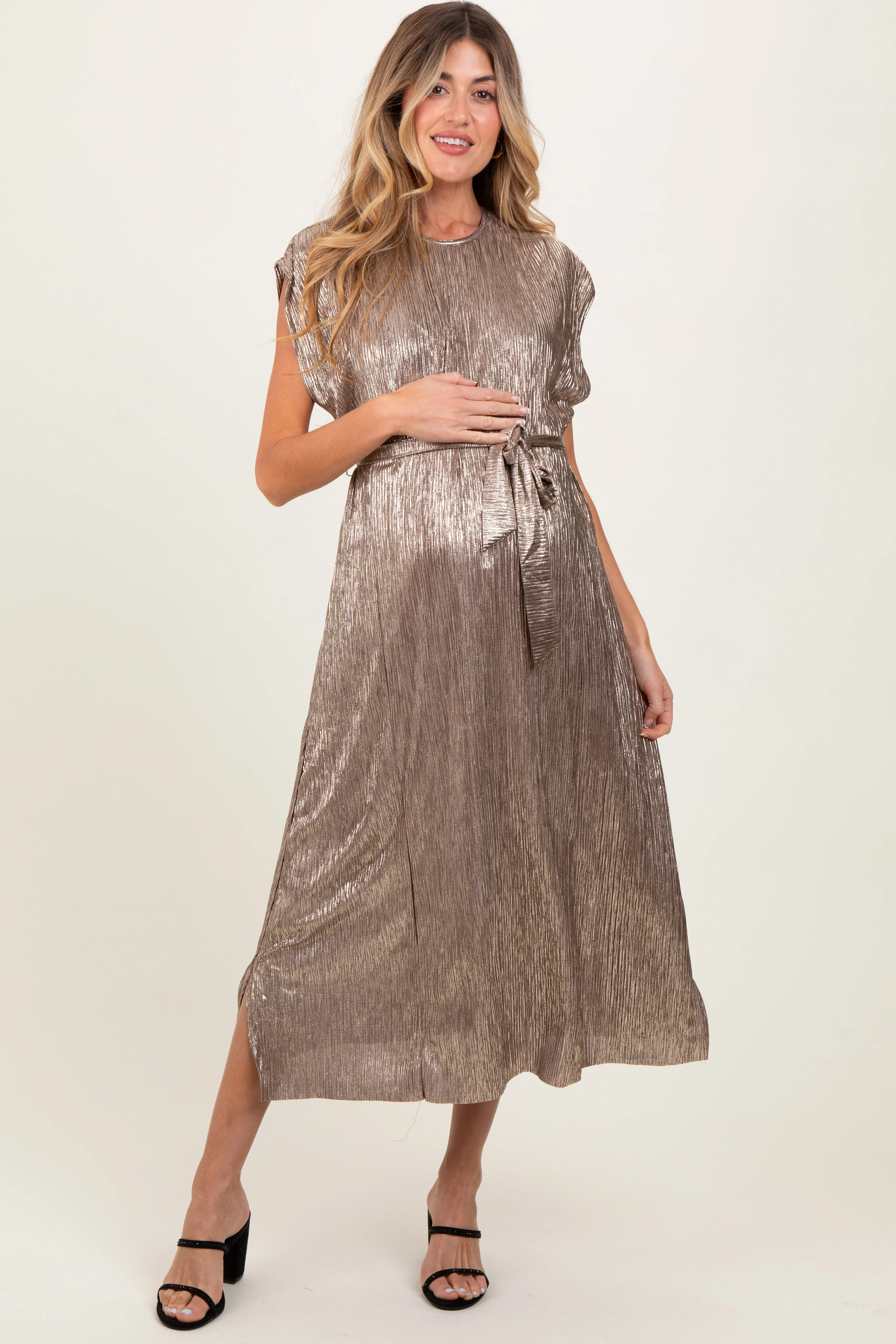 Dark Gold Metallic Maternity Sash Tie Dress