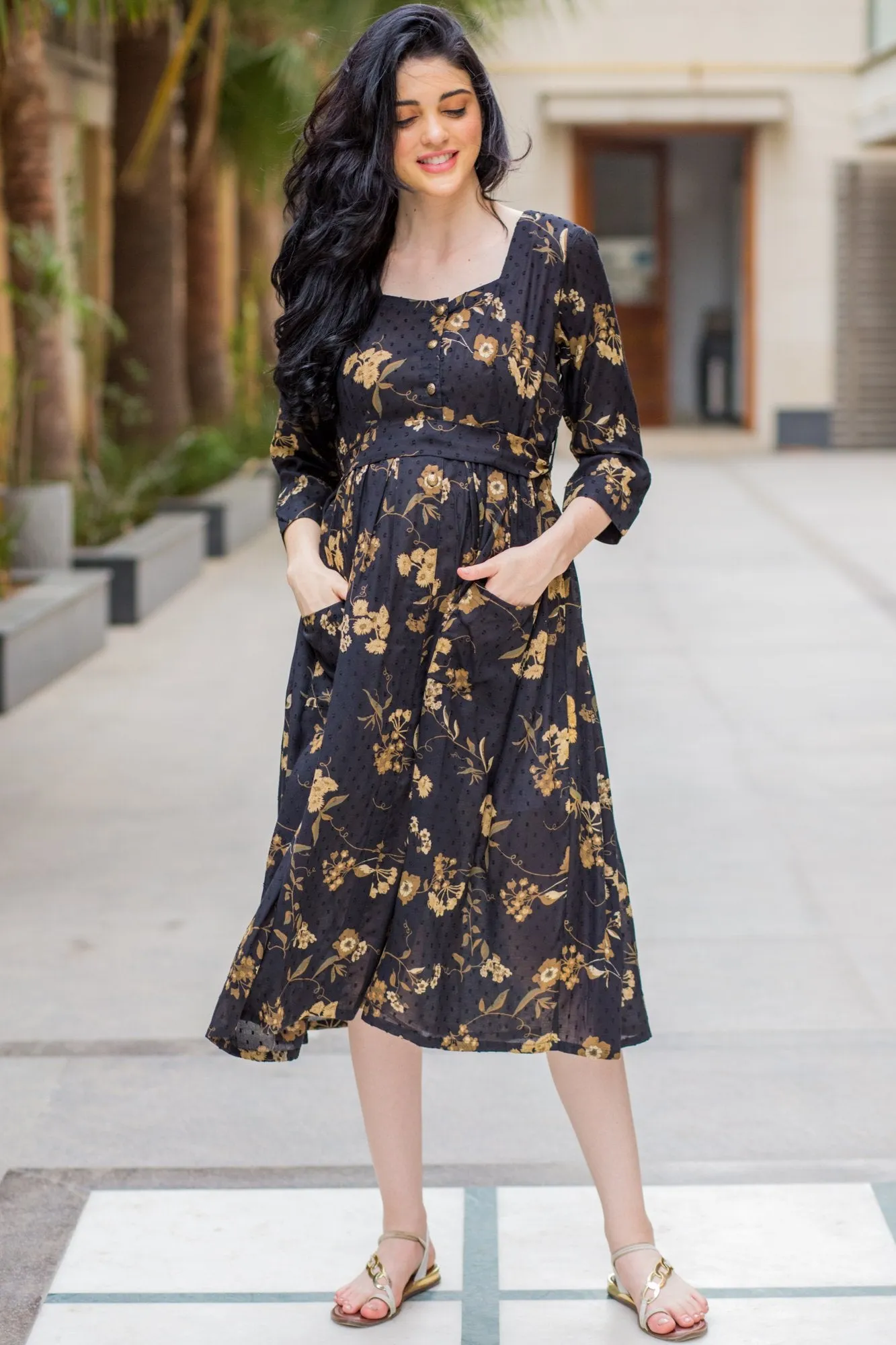 Exquisite Ochre Pocket Maternity & Nursing Dress