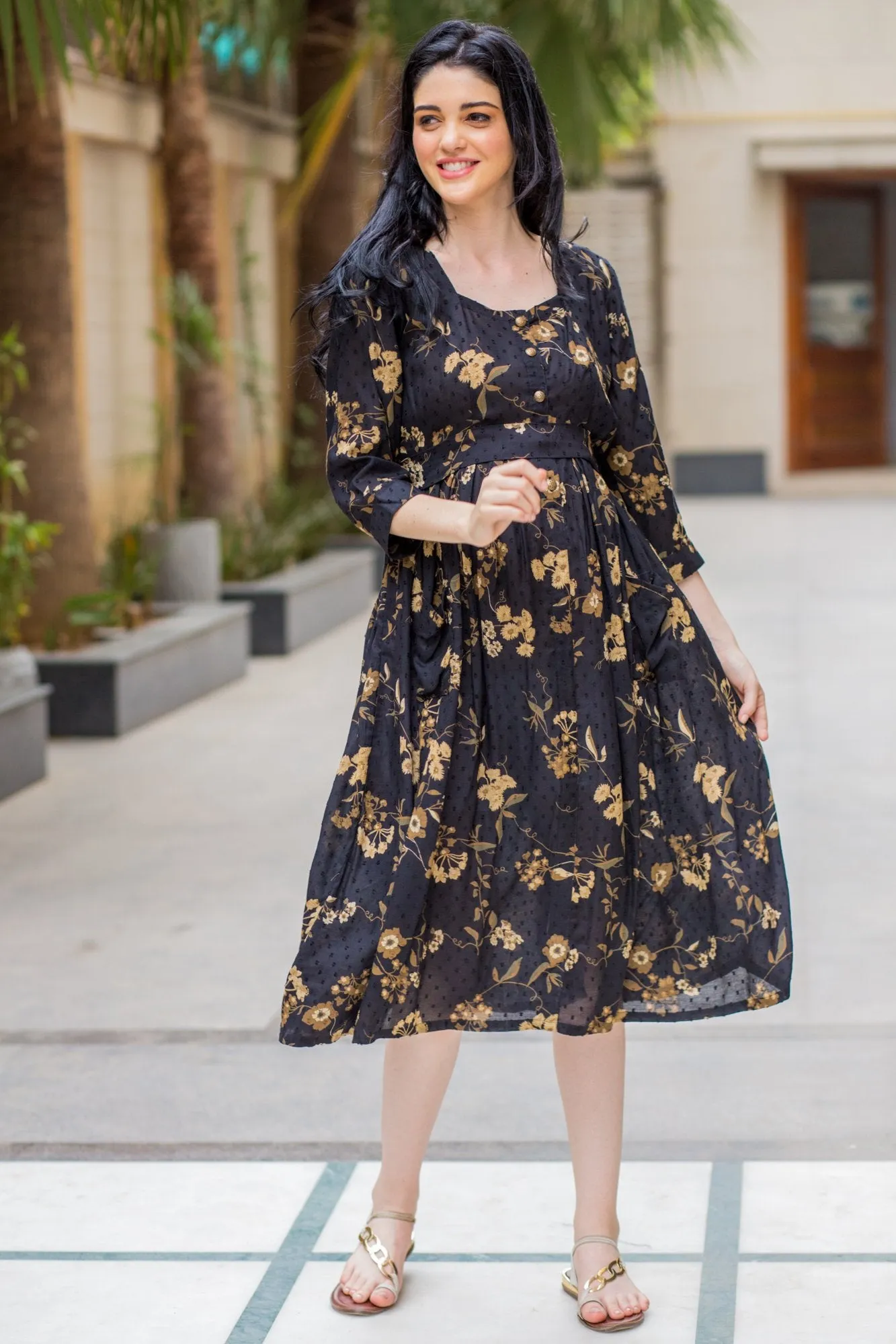 Exquisite Ochre Pocket Maternity & Nursing Dress