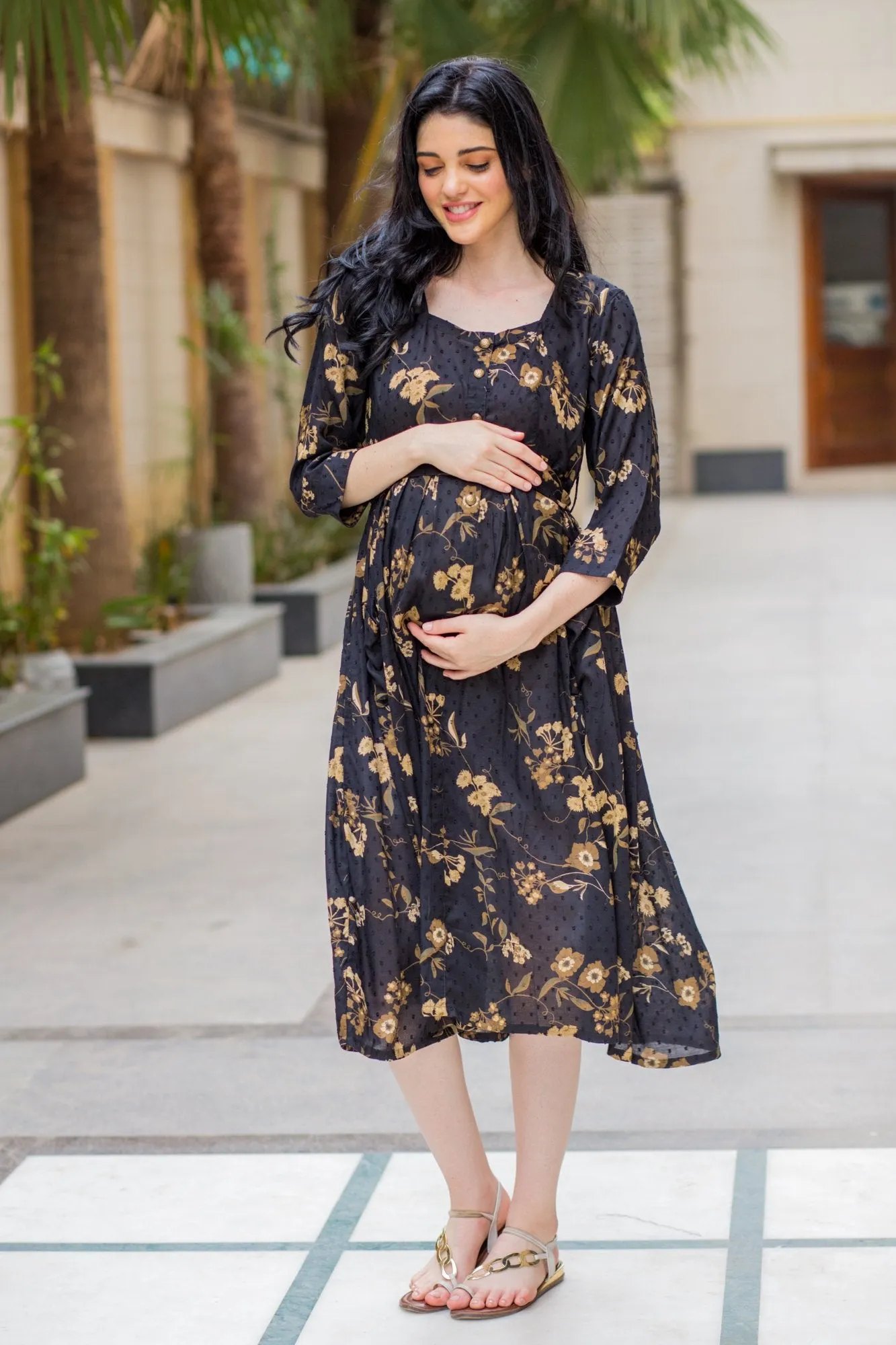 Exquisite Ochre Pocket Maternity & Nursing Dress