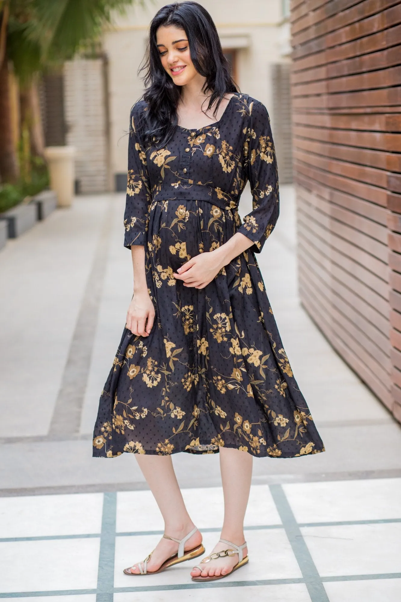 Exquisite Ochre Pocket Maternity & Nursing Dress