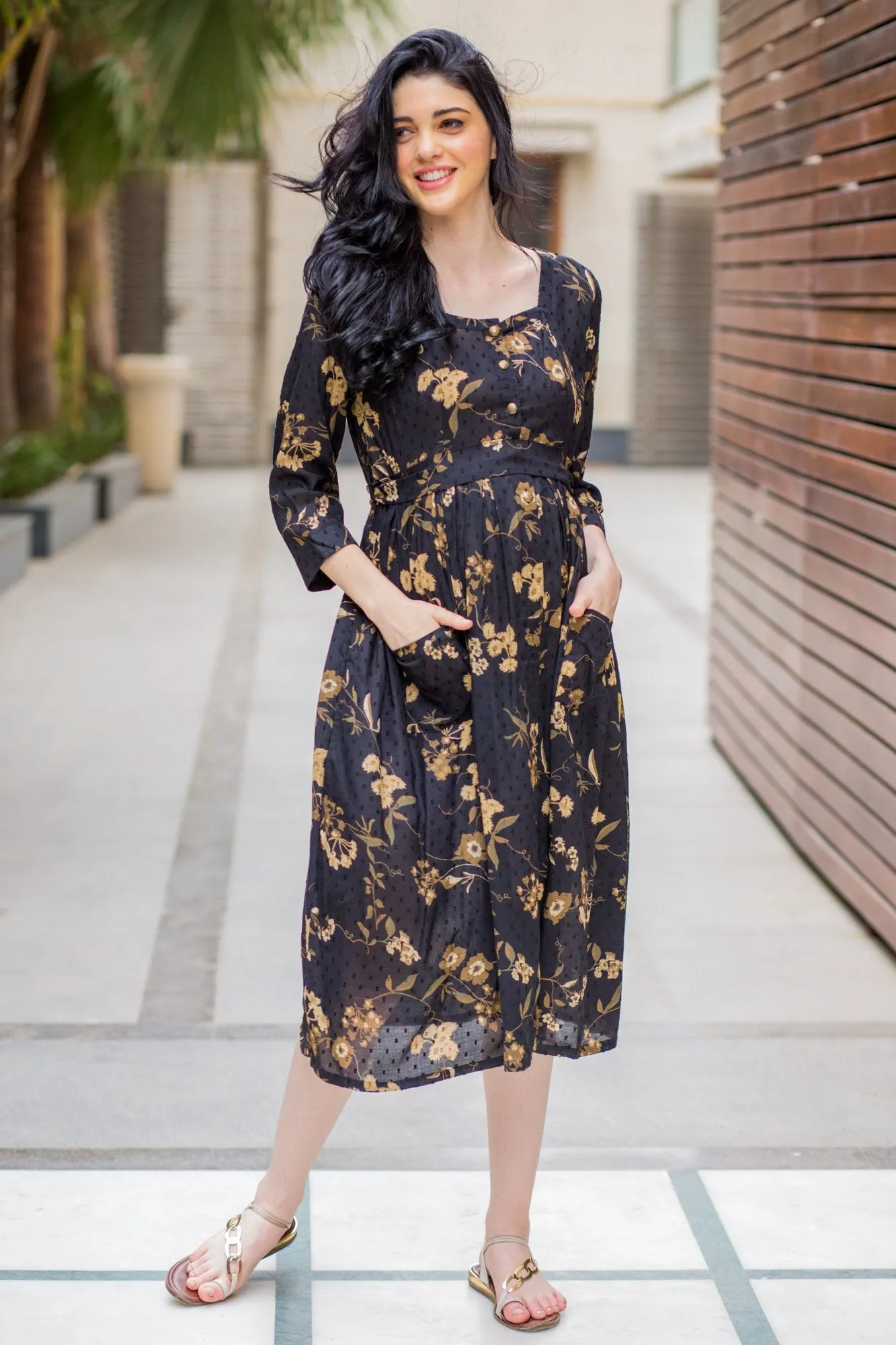 Exquisite Ochre Pocket Maternity & Nursing Dress