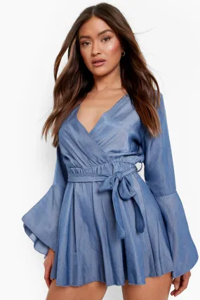 Flared Sleeve Chambray Tie Waist Romper