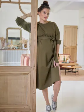 Fleece Dress with Belt for Maternity - olive