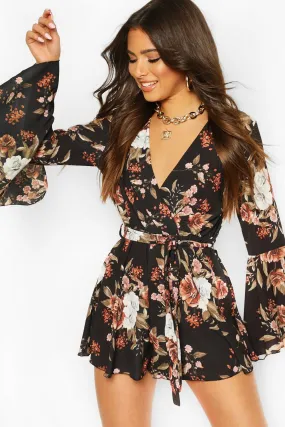 Floral Flared Sleeve Tie Waist Romper