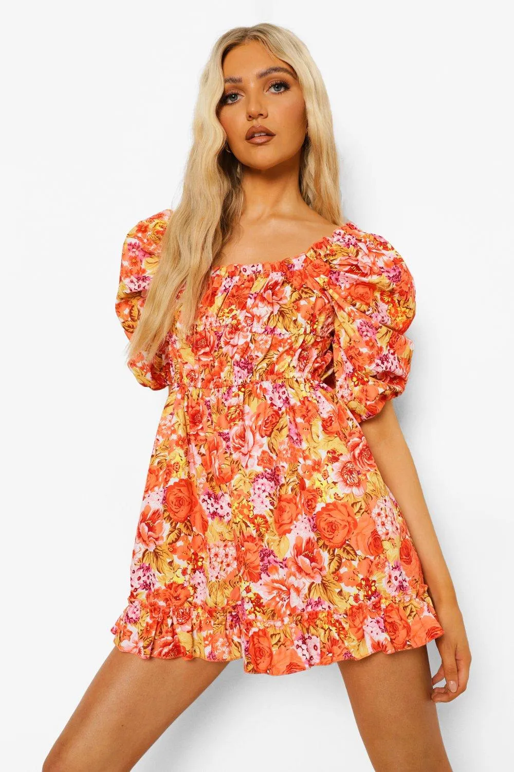 Floral Print Puff Sleeve Ruched Romper