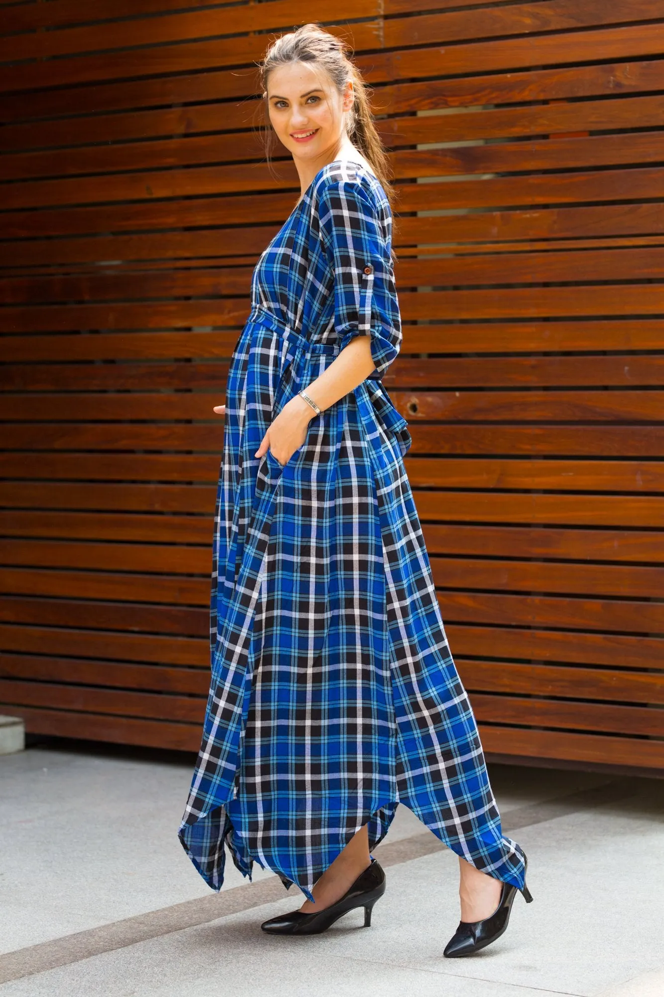 Indigo Plaid Maternity & Nursing Maxi