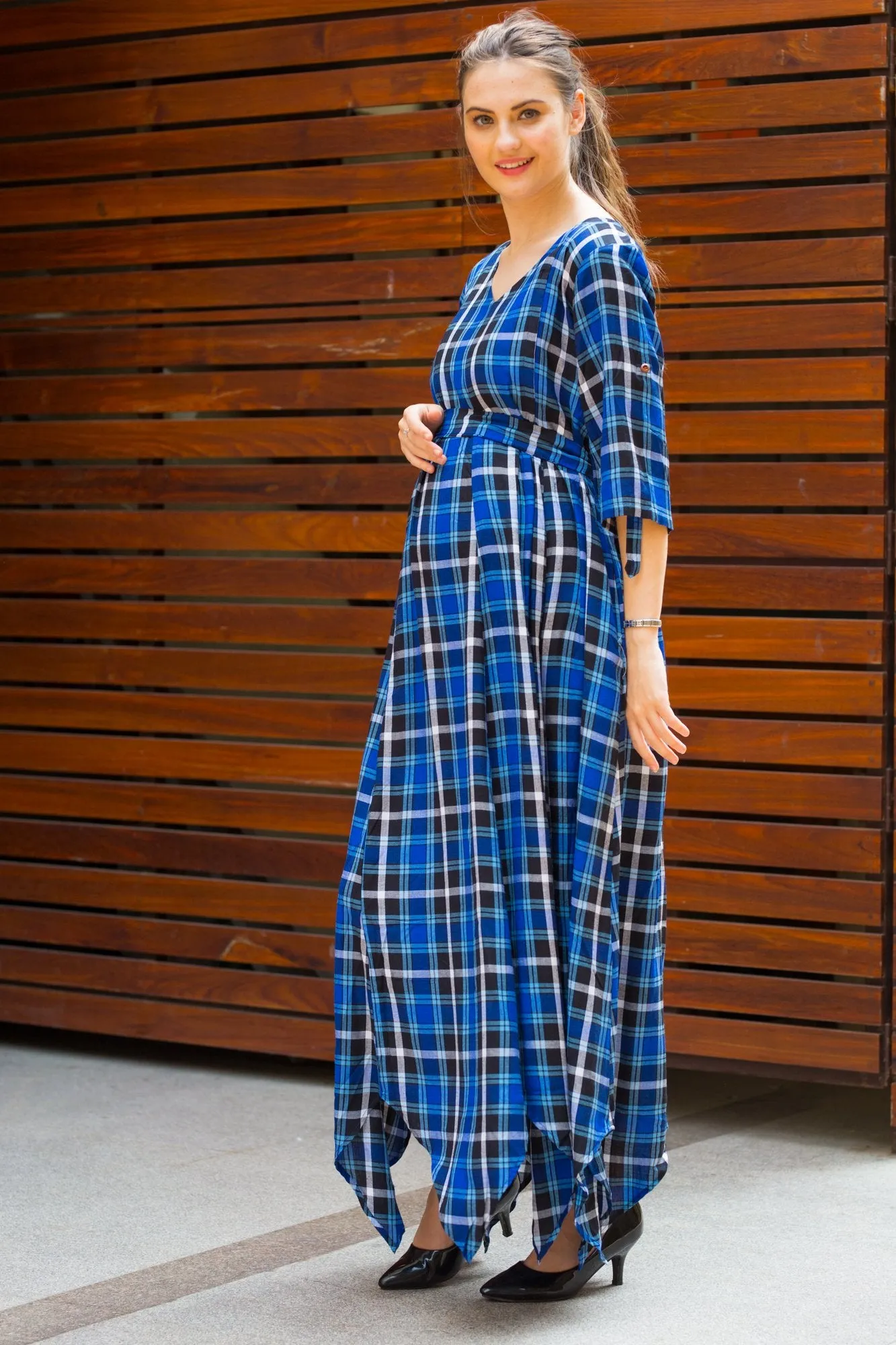 Indigo Plaid Maternity & Nursing Maxi