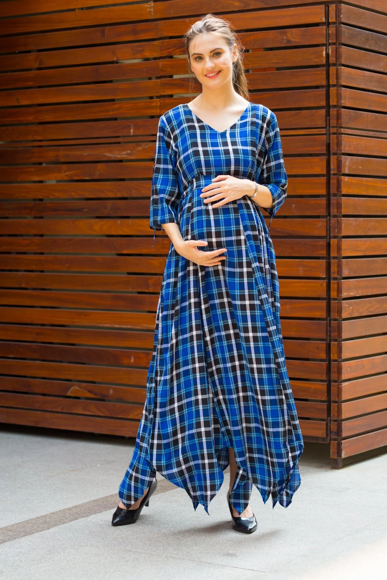 Indigo Plaid Maternity & Nursing Maxi