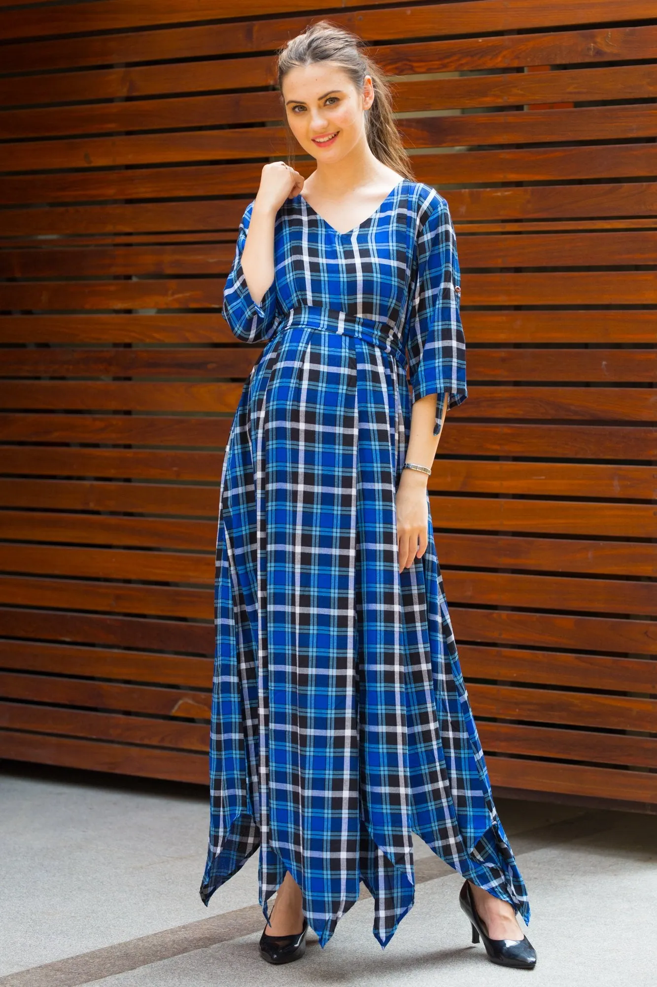 Indigo Plaid Maternity & Nursing Maxi