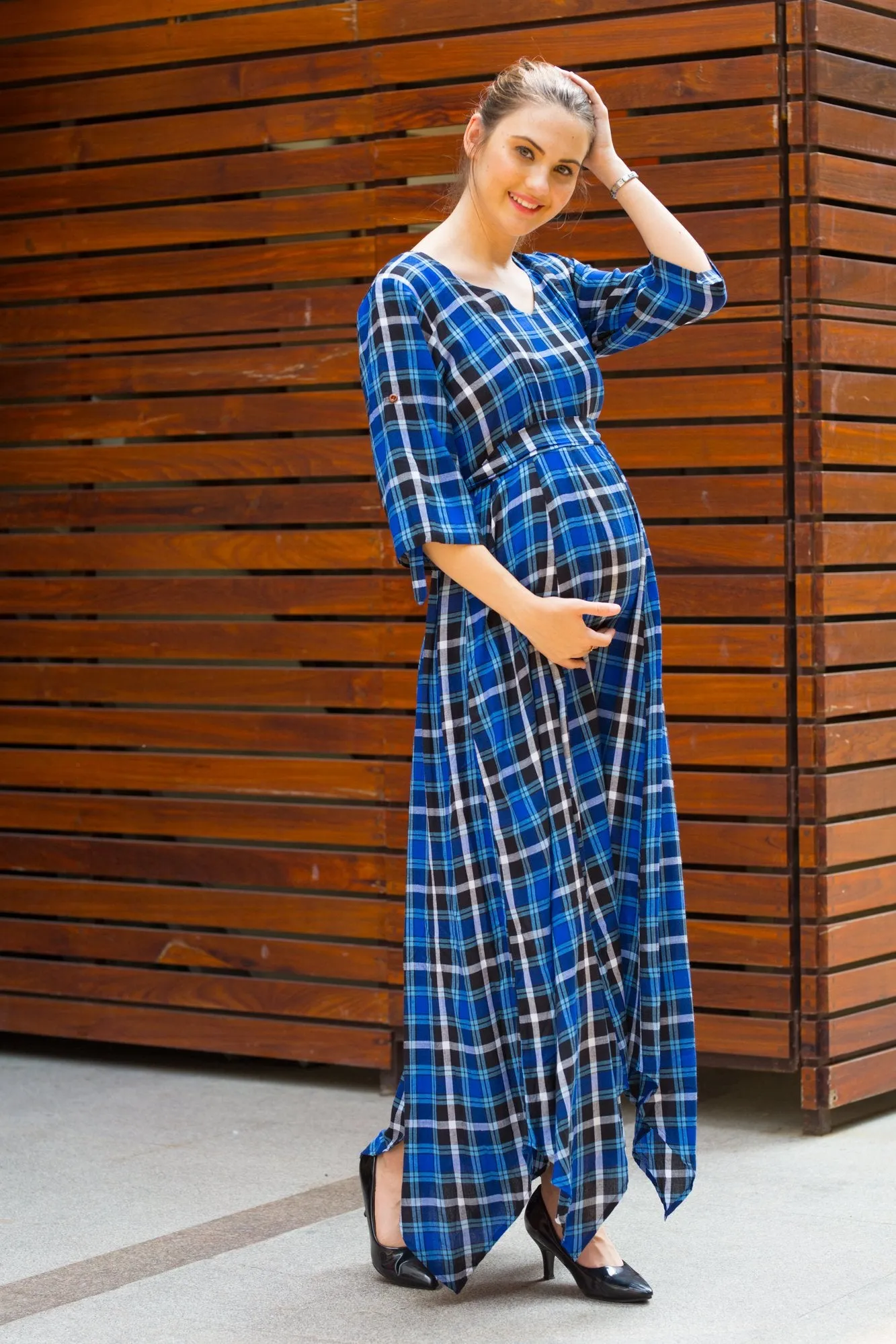 Indigo Plaid Maternity & Nursing Maxi