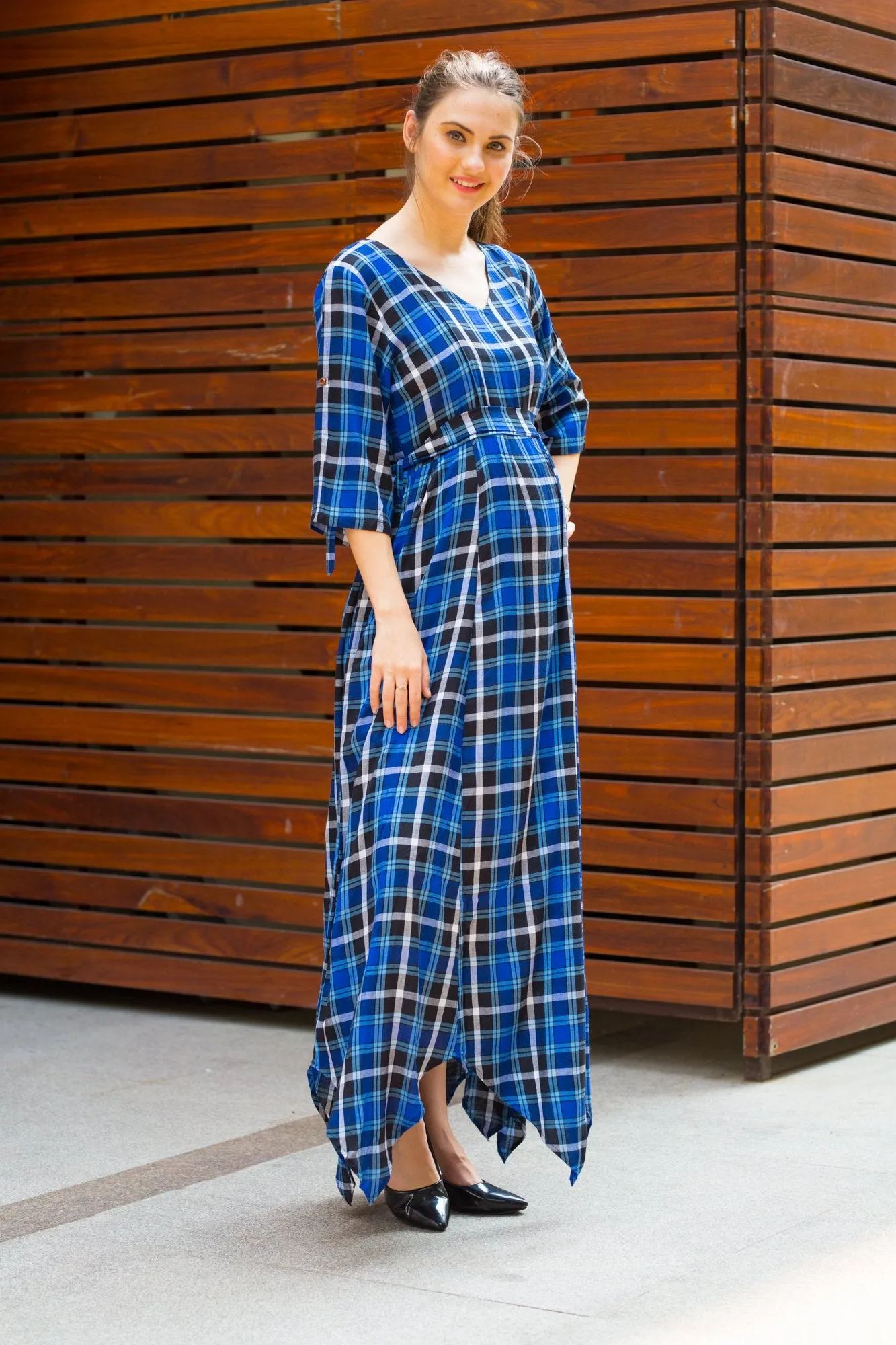 Indigo Plaid Maternity & Nursing Maxi