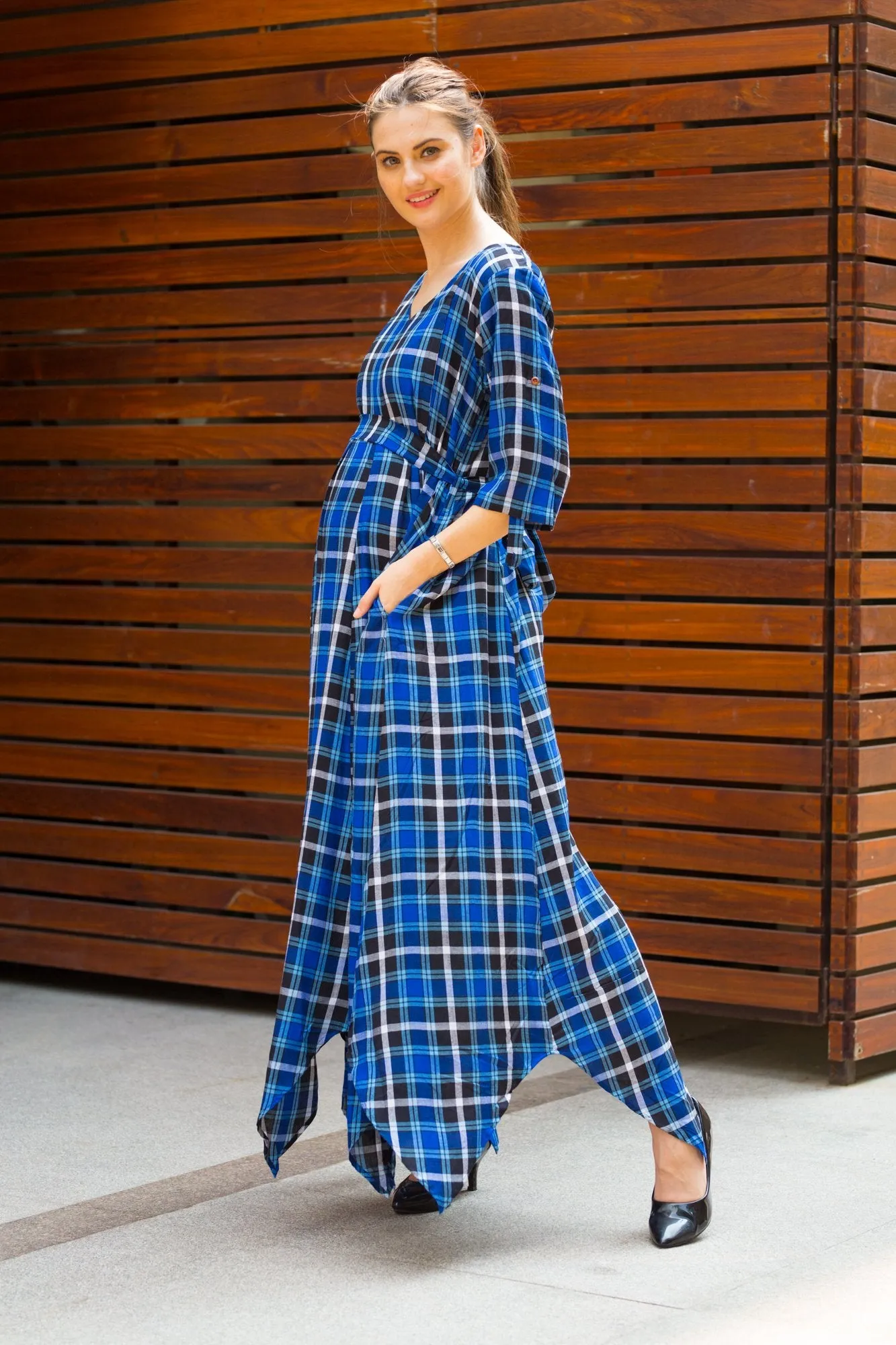 Indigo Plaid Maternity & Nursing Maxi