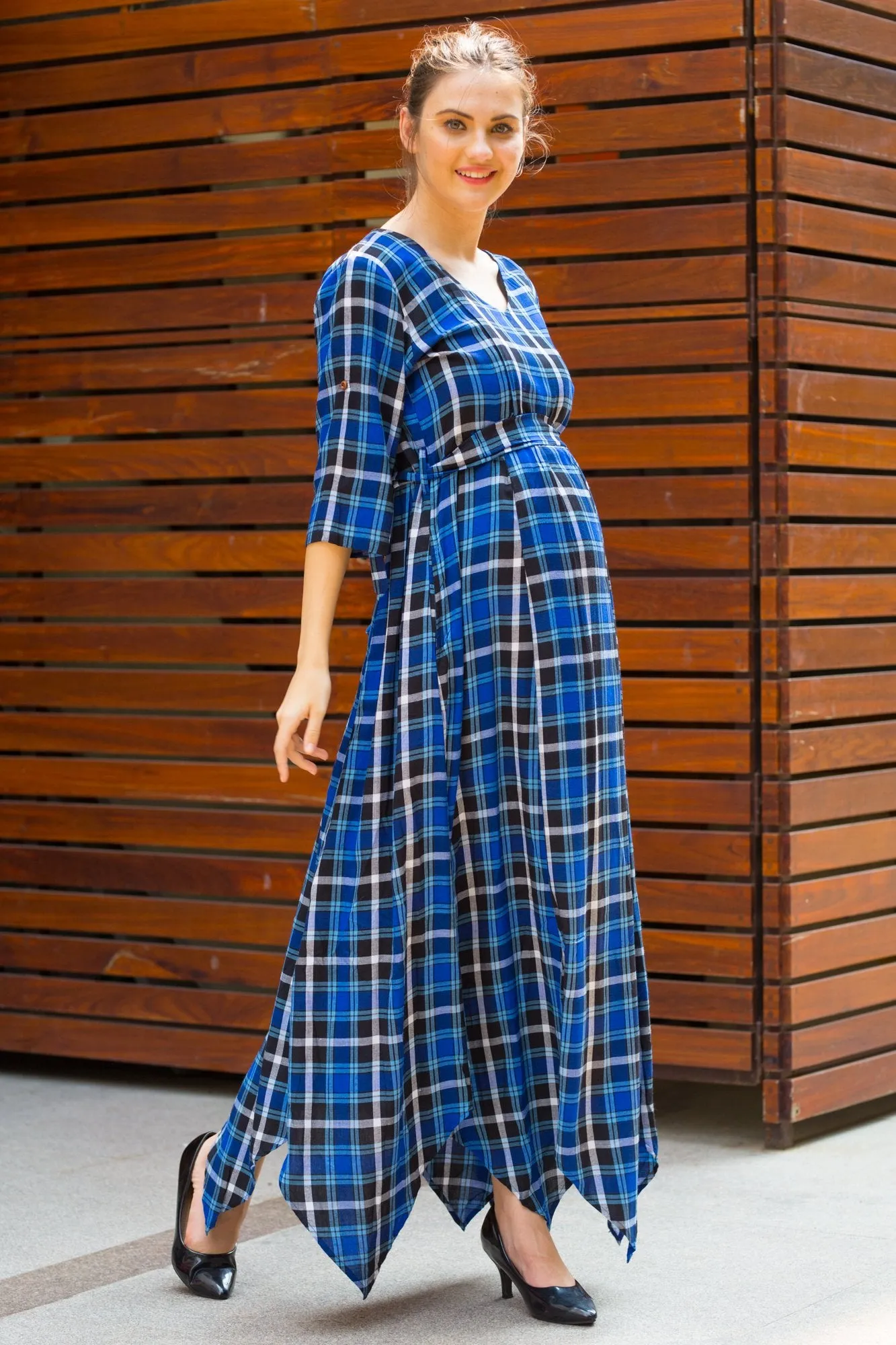 Indigo Plaid Maternity & Nursing Maxi