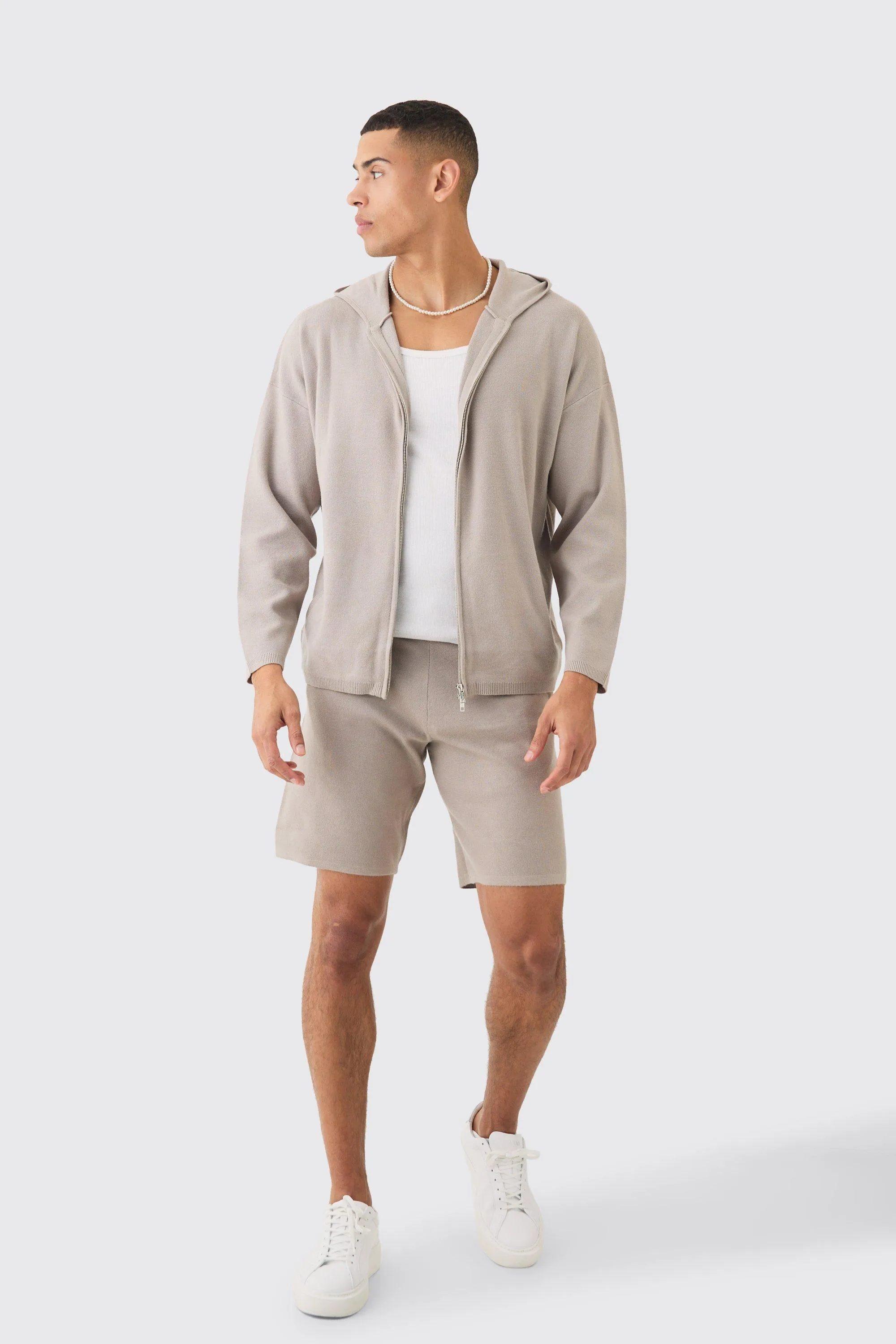 Knitted Zip Through Hooded Short Tracksuit | boohooMAN UK