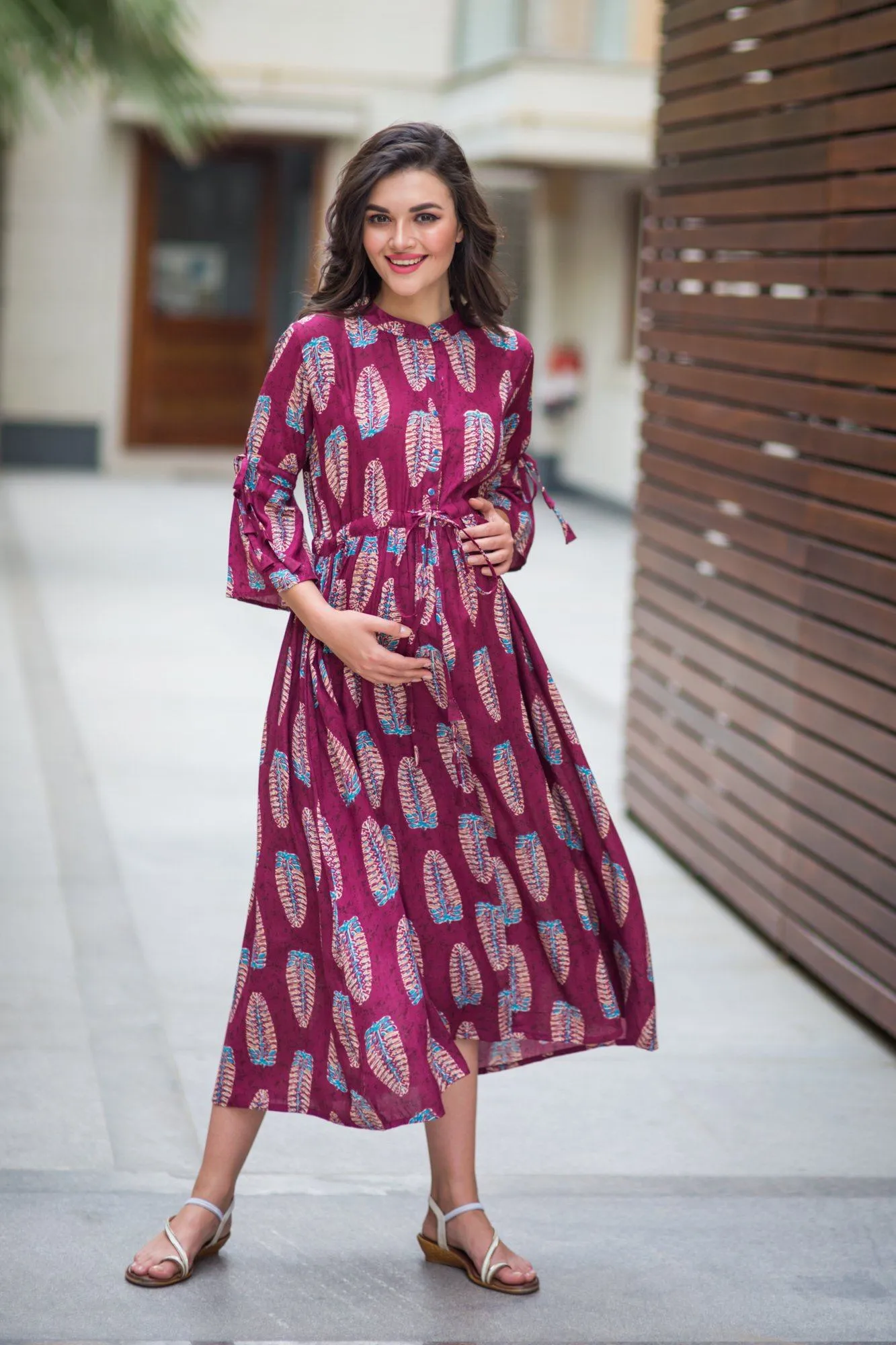 Leafy Wine Boho Maternity & Nursing Dress